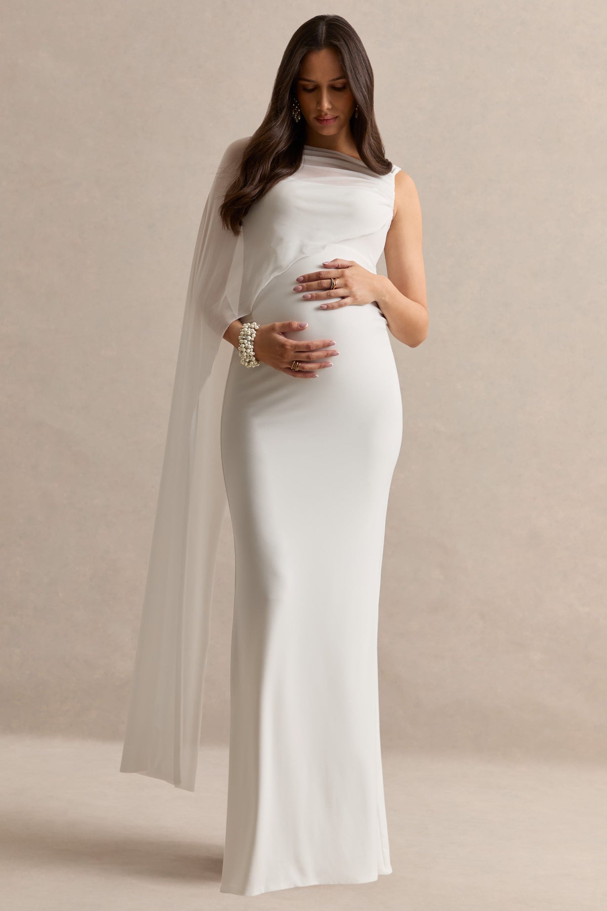 Camora | White Jersey One Shoulder Maternity Maxi Dress With Sheer Cape Sleeve