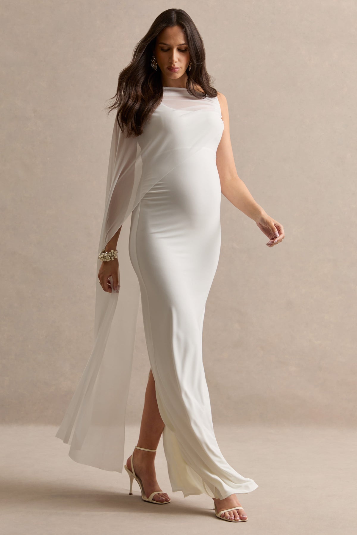 Camora | White Jersey One Shoulder Maternity Maxi Dress With Sheer Cape Sleeve