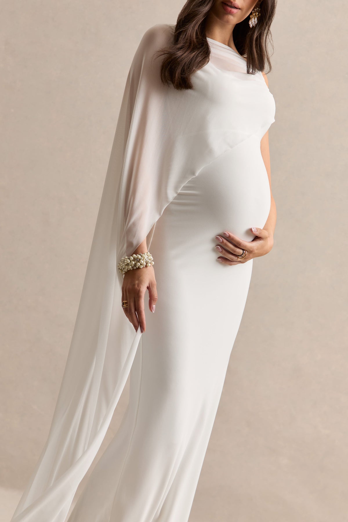 Camora | White Jersey One Shoulder Maternity Maxi Dress With Sheer Cape Sleeve