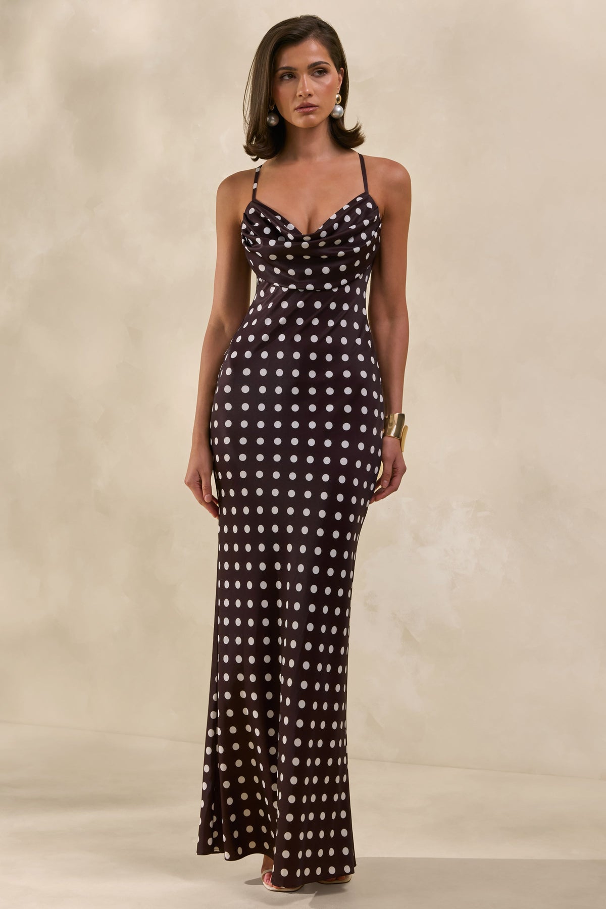 Emaria | Brown Polka-Dot Satin Cowl-Maxi Dress With Scarf