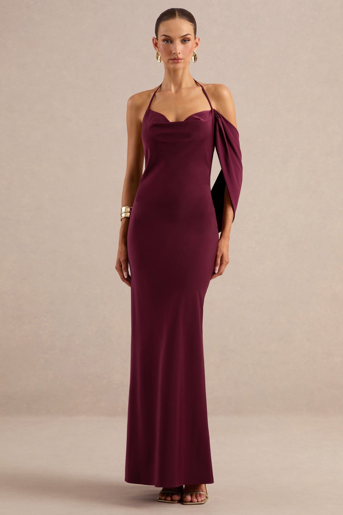 Karisa | Burgundy Satin Cowl Maxi Dress With Drape Detail And Back Split