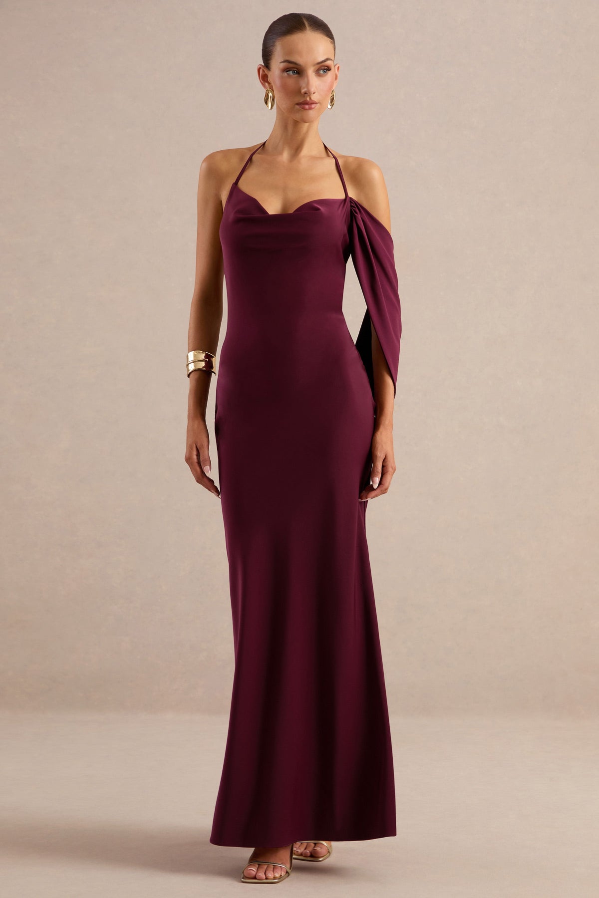 Karisa | Burgundy Satin Cowl Maxi Dress With Drape Detail And Back Split