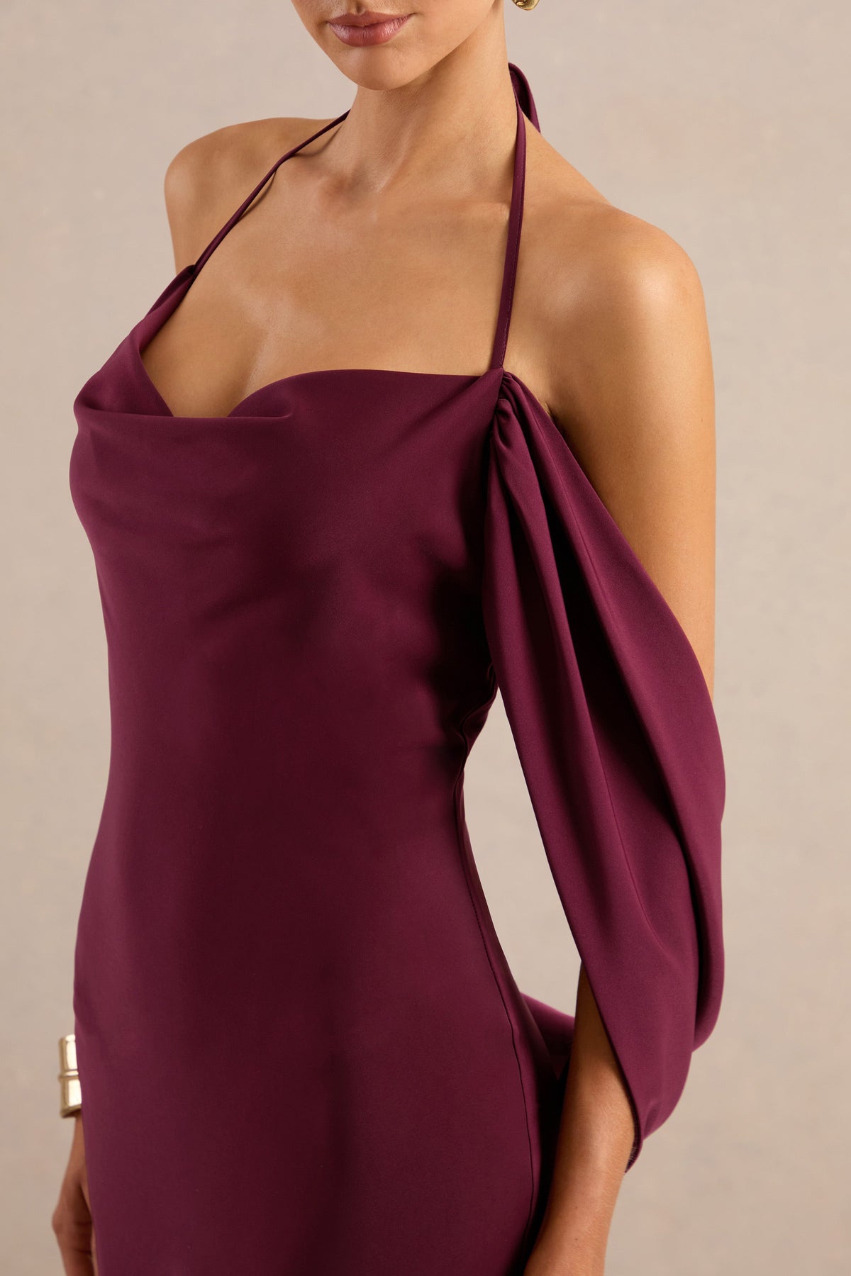 Karisa | Burgundy Satin Cowl Maxi Dress With Drape Detail And Back Split