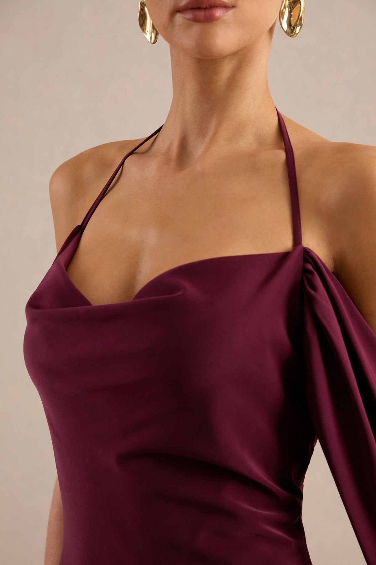 Karisa | Burgundy Satin Cowl Maxi Dress With Drape Detail And Back Split