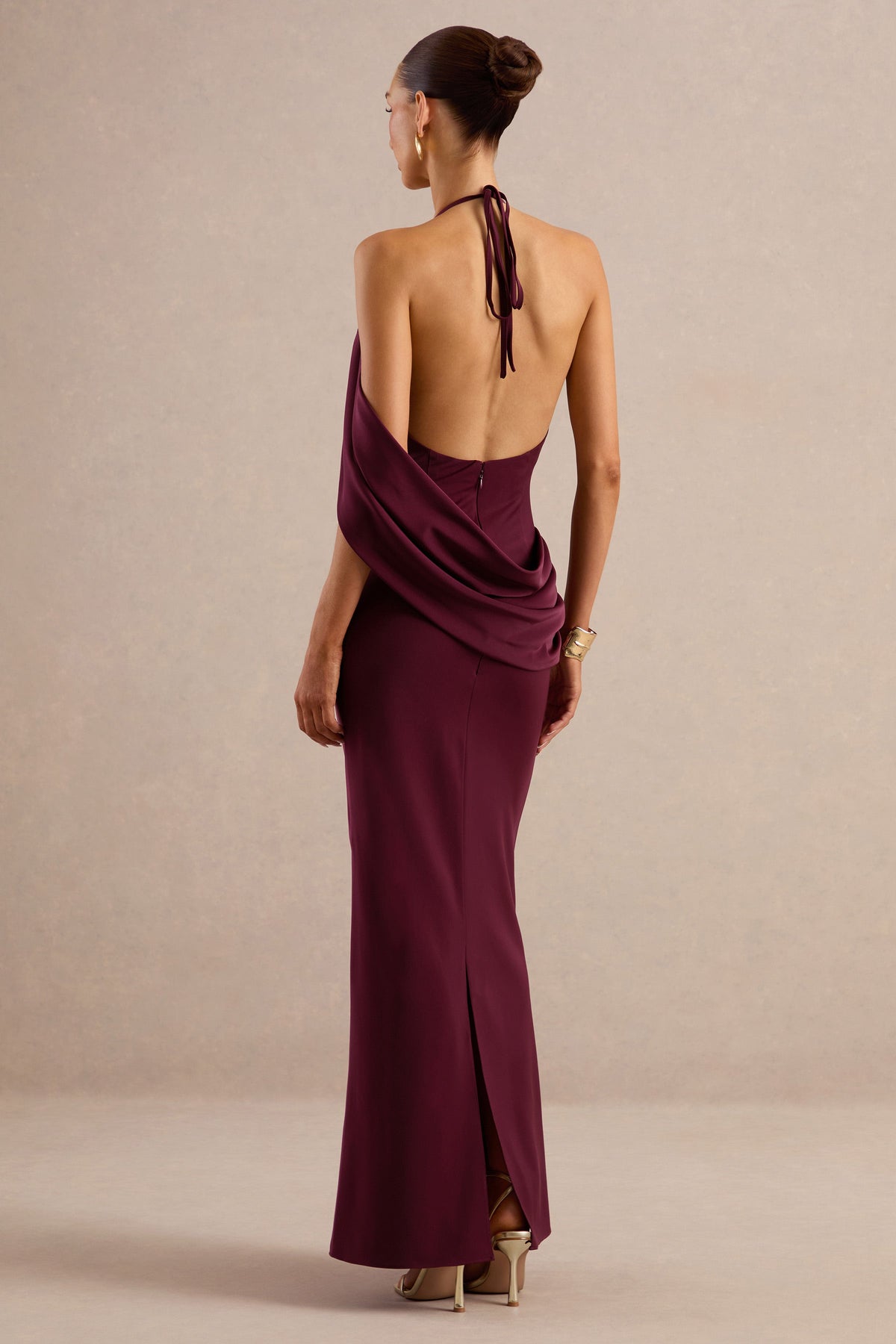 Karisa | Burgundy Satin Cowl Maxi Dress With Drape Detail And Back Split