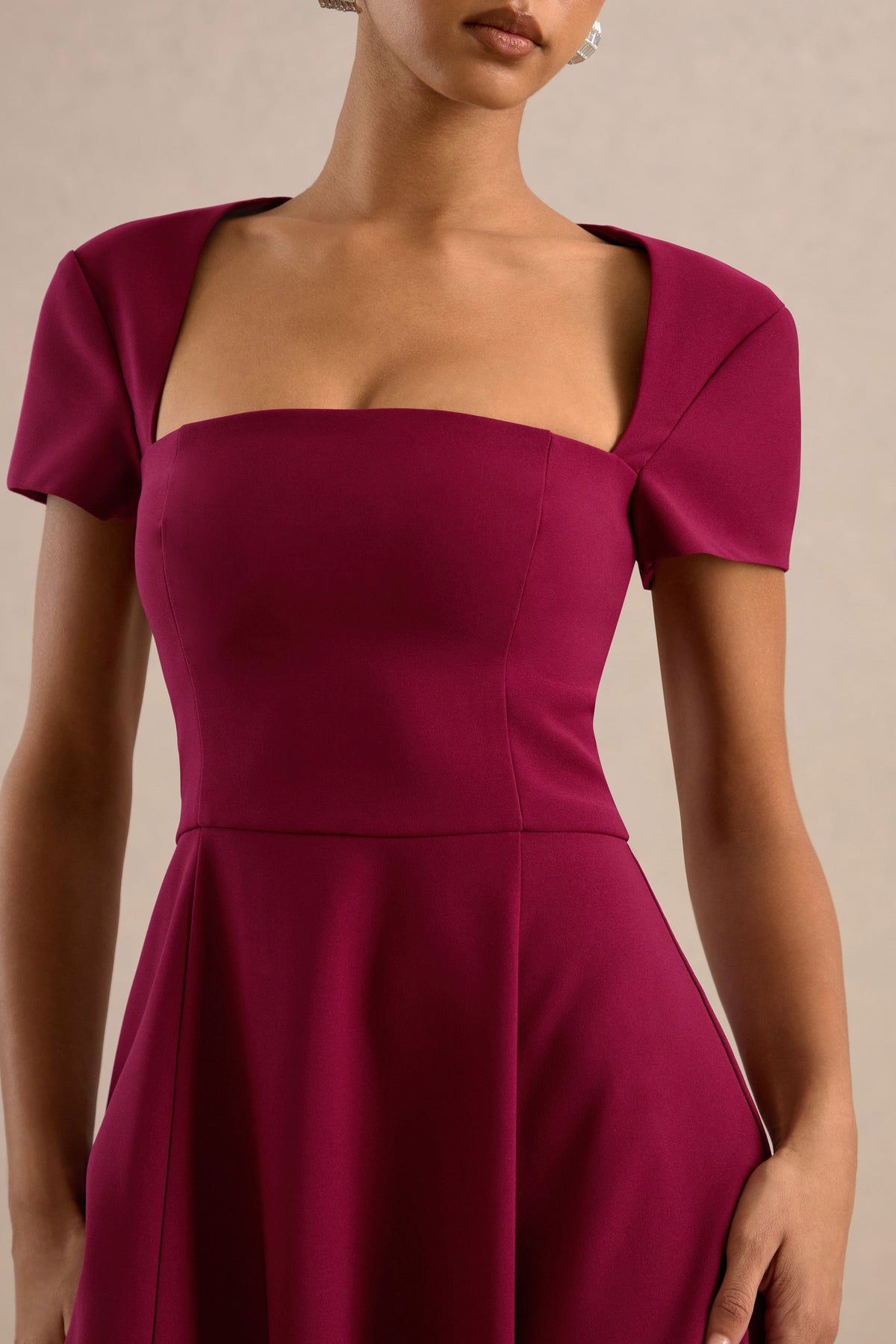 Donia | Burgundy Square Neck Short Sleeve A-Line Midi Dress