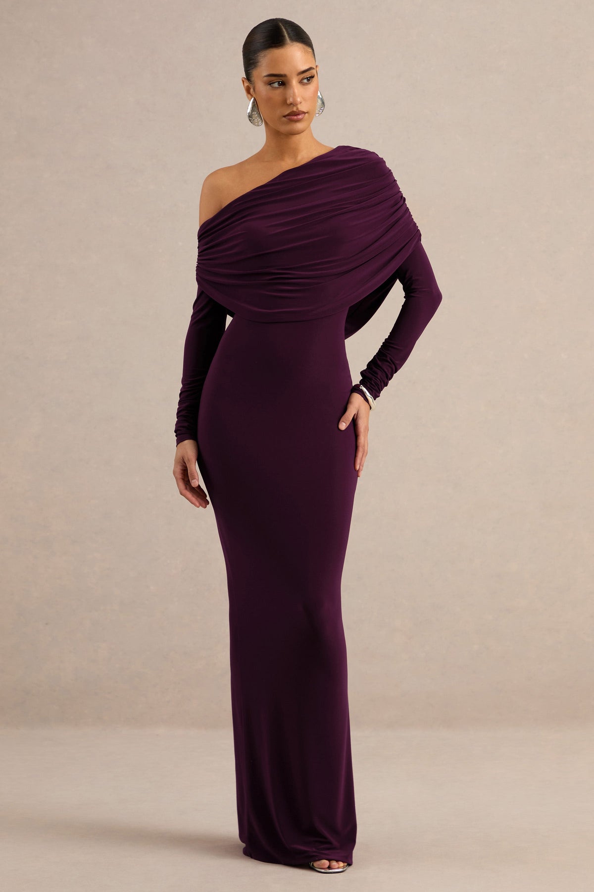 Cadia | Purple Jersey One Shoulder Long Sleeve Maxi Dress With Ruching