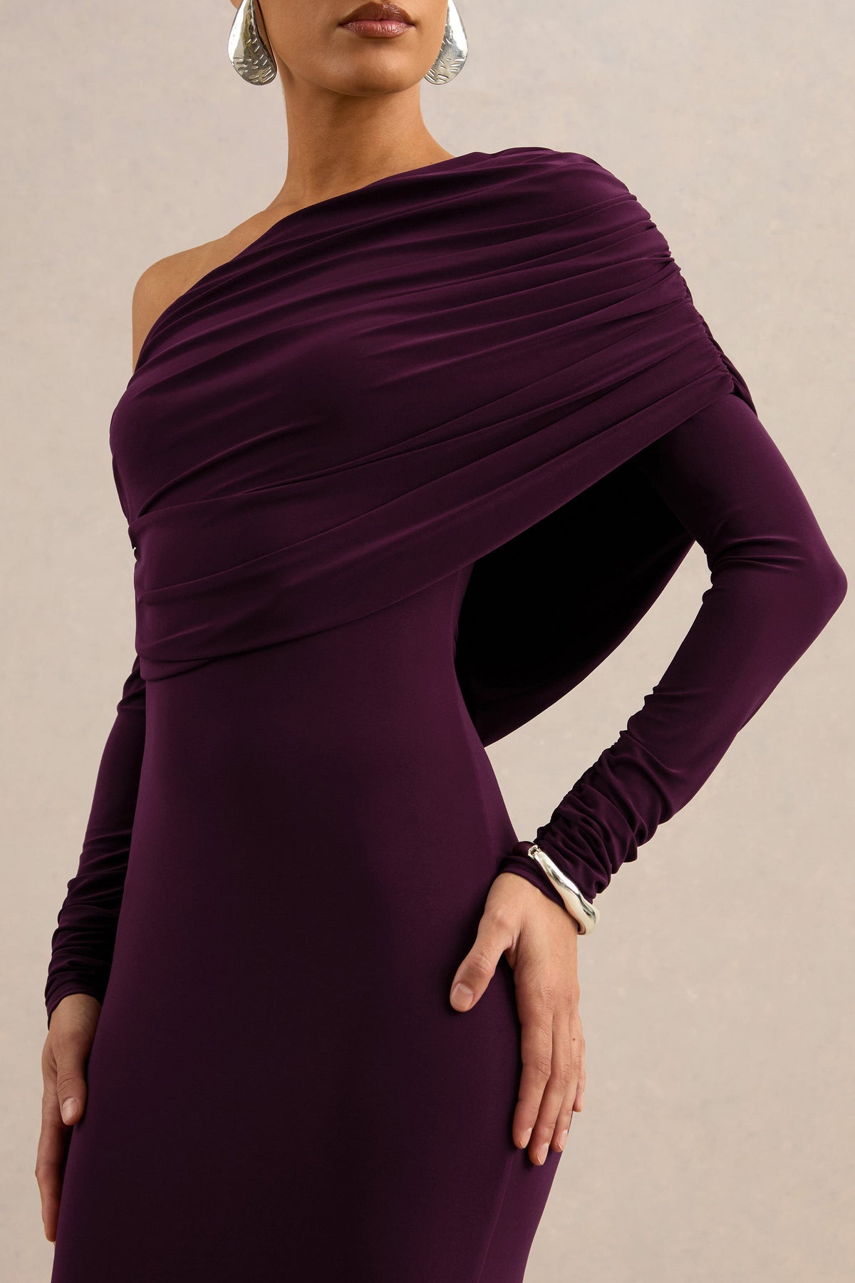 Cadia | Purple Jersey One Shoulder Long Sleeve Maxi Dress With Ruching