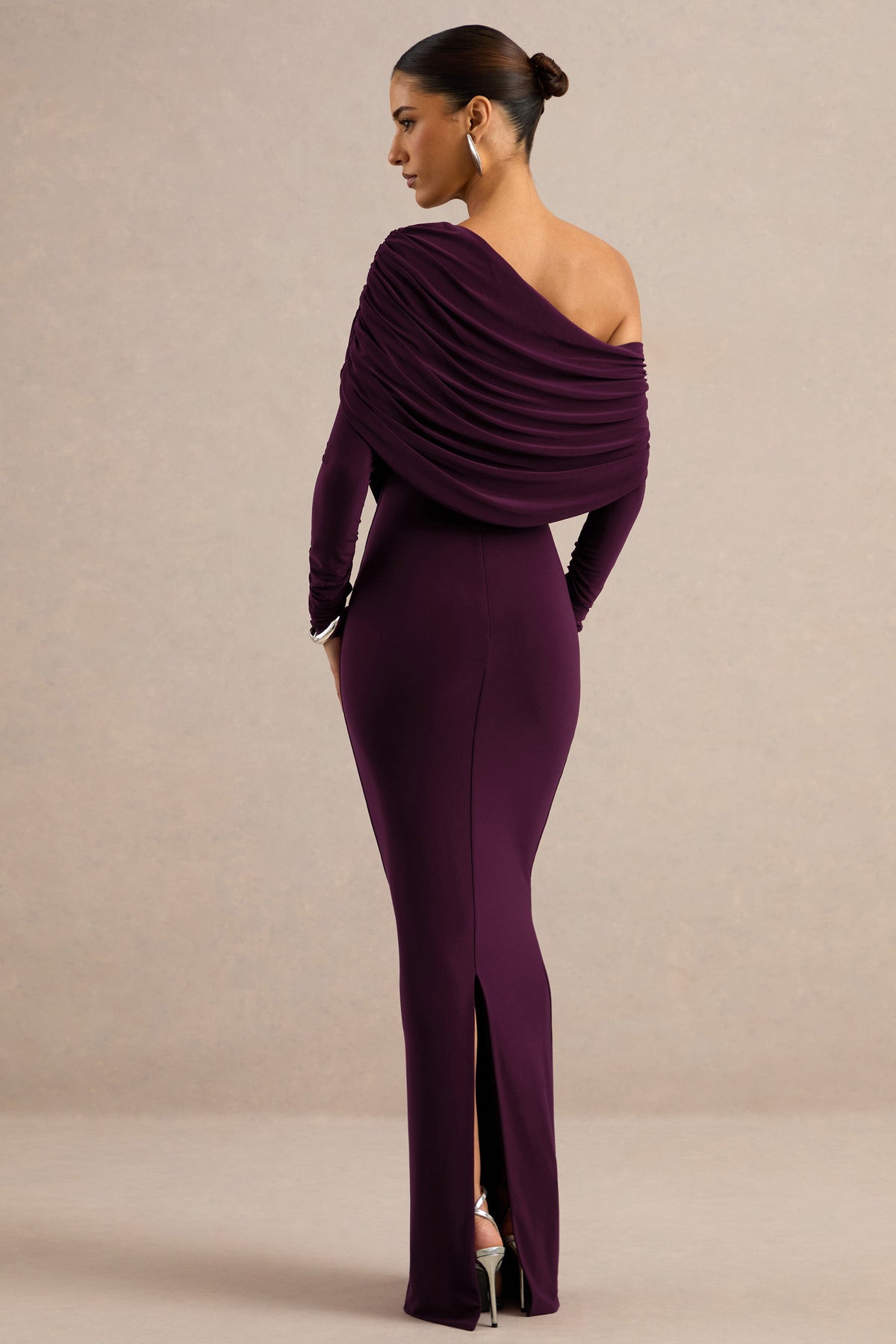 Cadia | Purple Jersey One Shoulder Long Sleeve Maxi Dress With Ruching