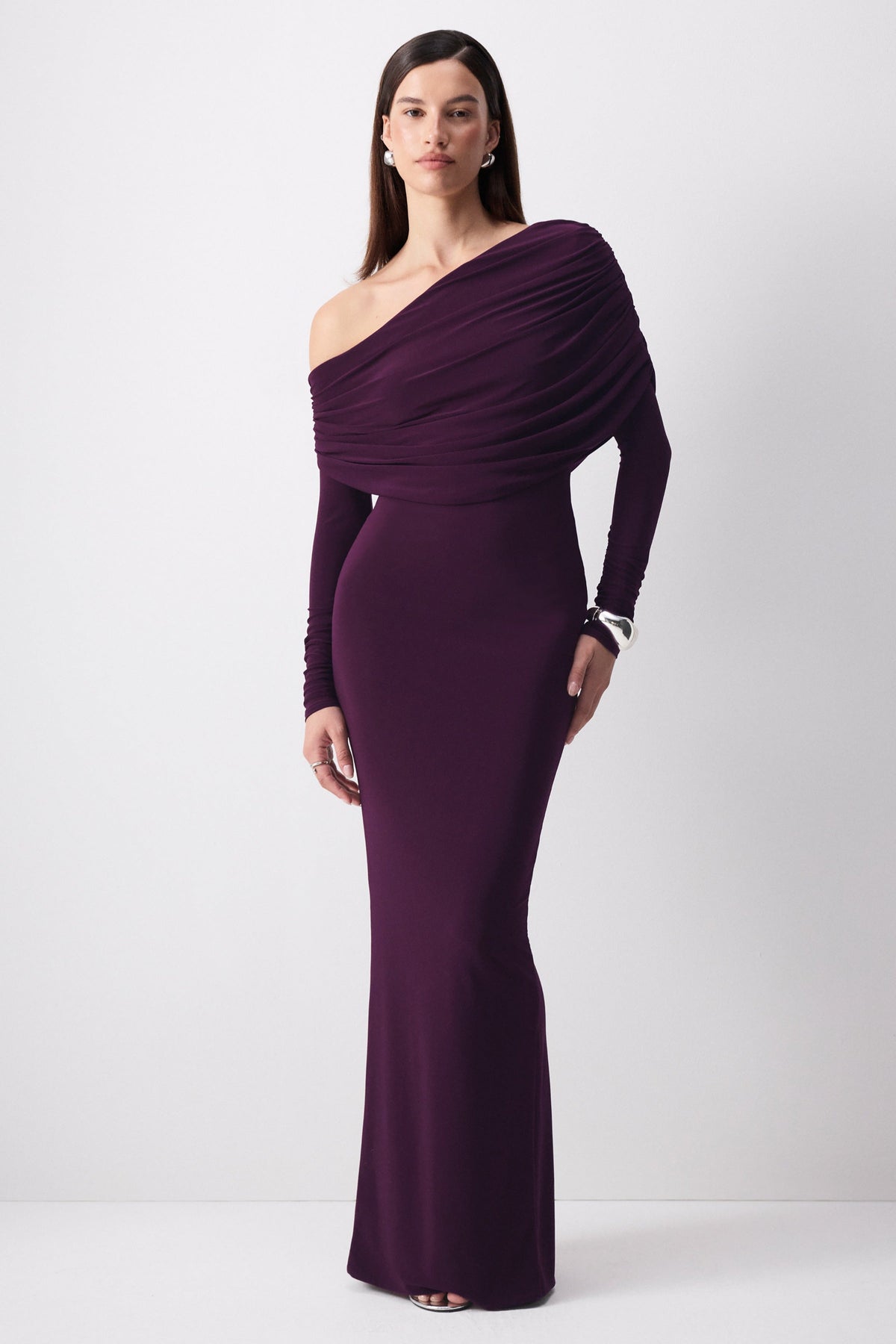 Cadia | Purple Jersey One Shoulder Long Sleeve Maxi Dress With Ruching