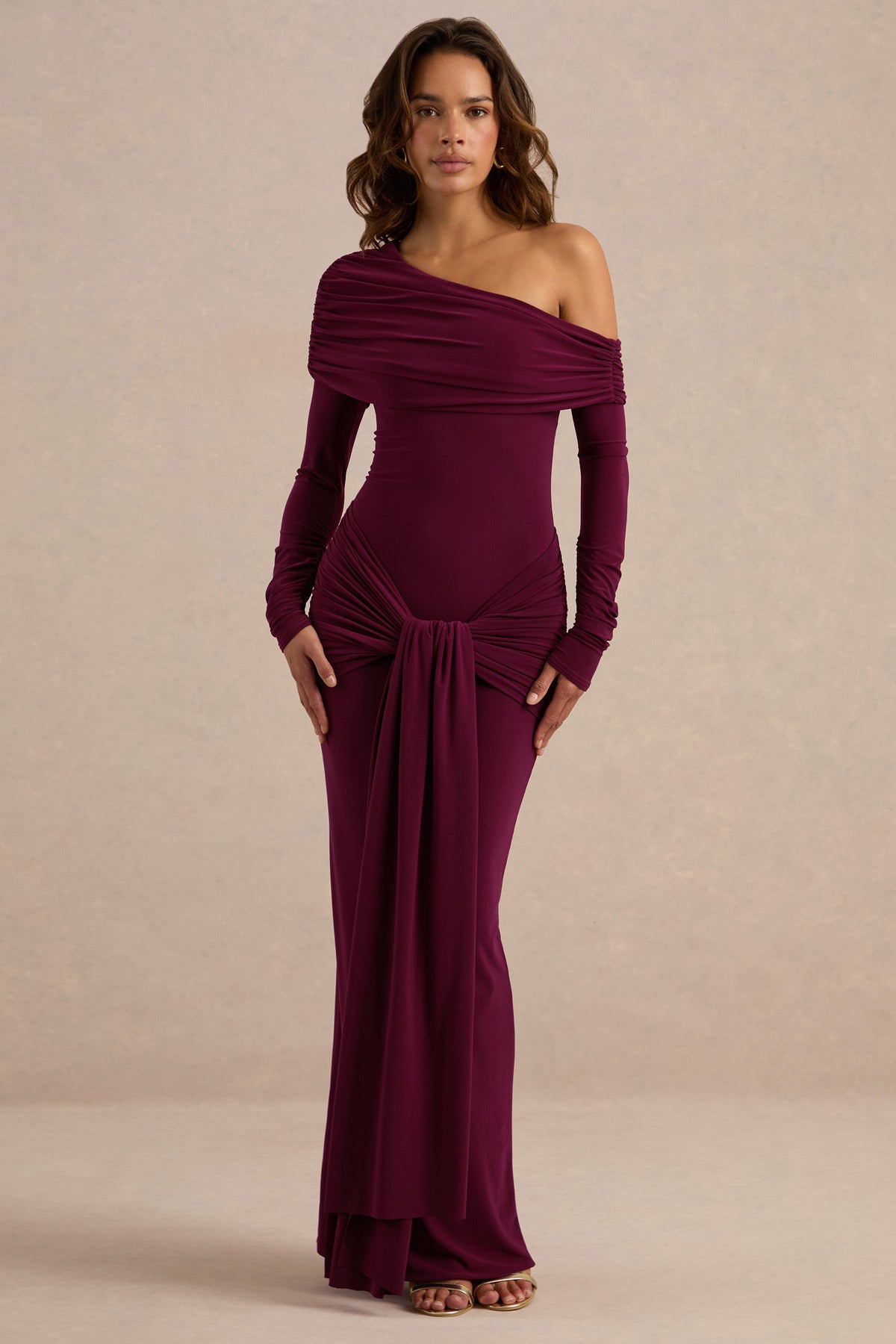 Avonlea | Burgundy Jersey Ruched One Shoulder Long Sleeve Maxi Dress With Sash