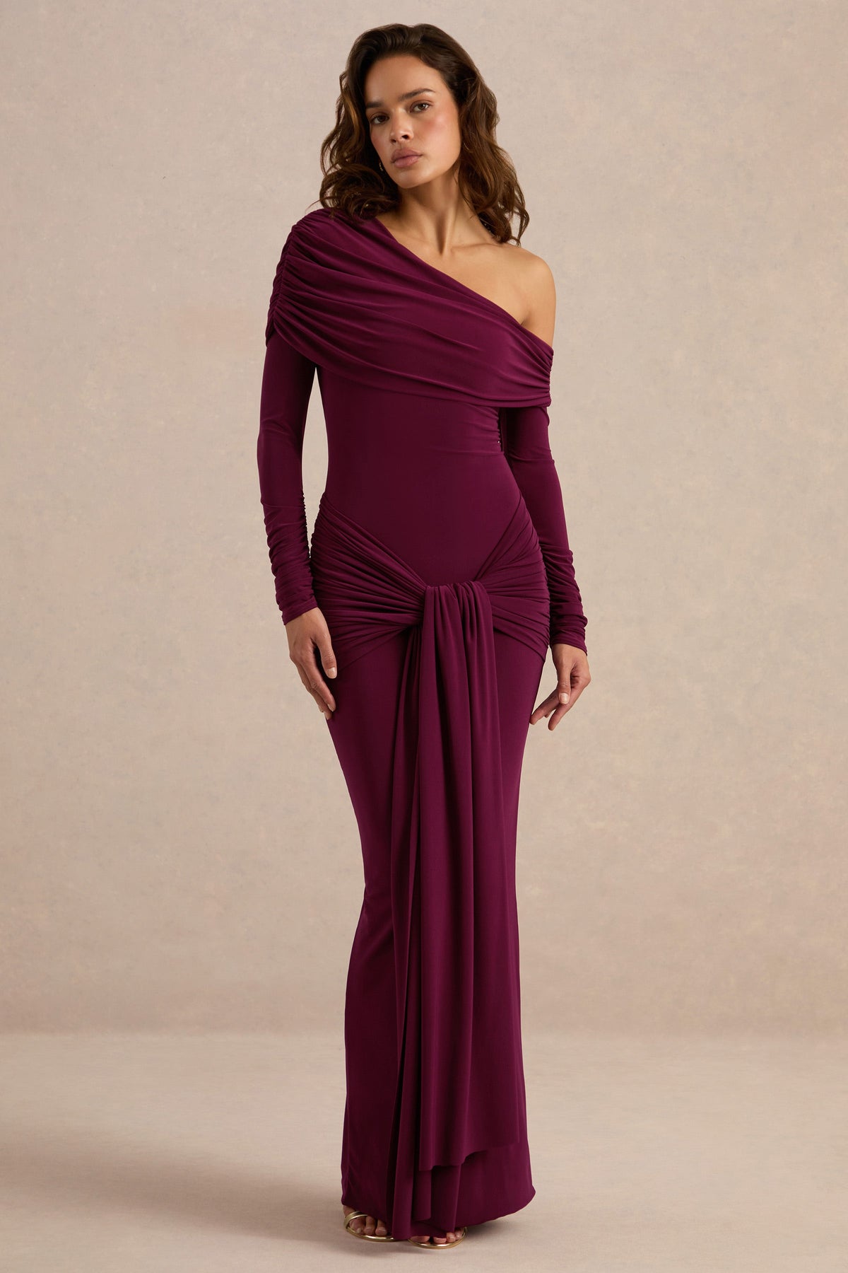 Avonlea | Burgundy Jersey Ruched One Shoulder Long Sleeve Maxi Dress With Sash