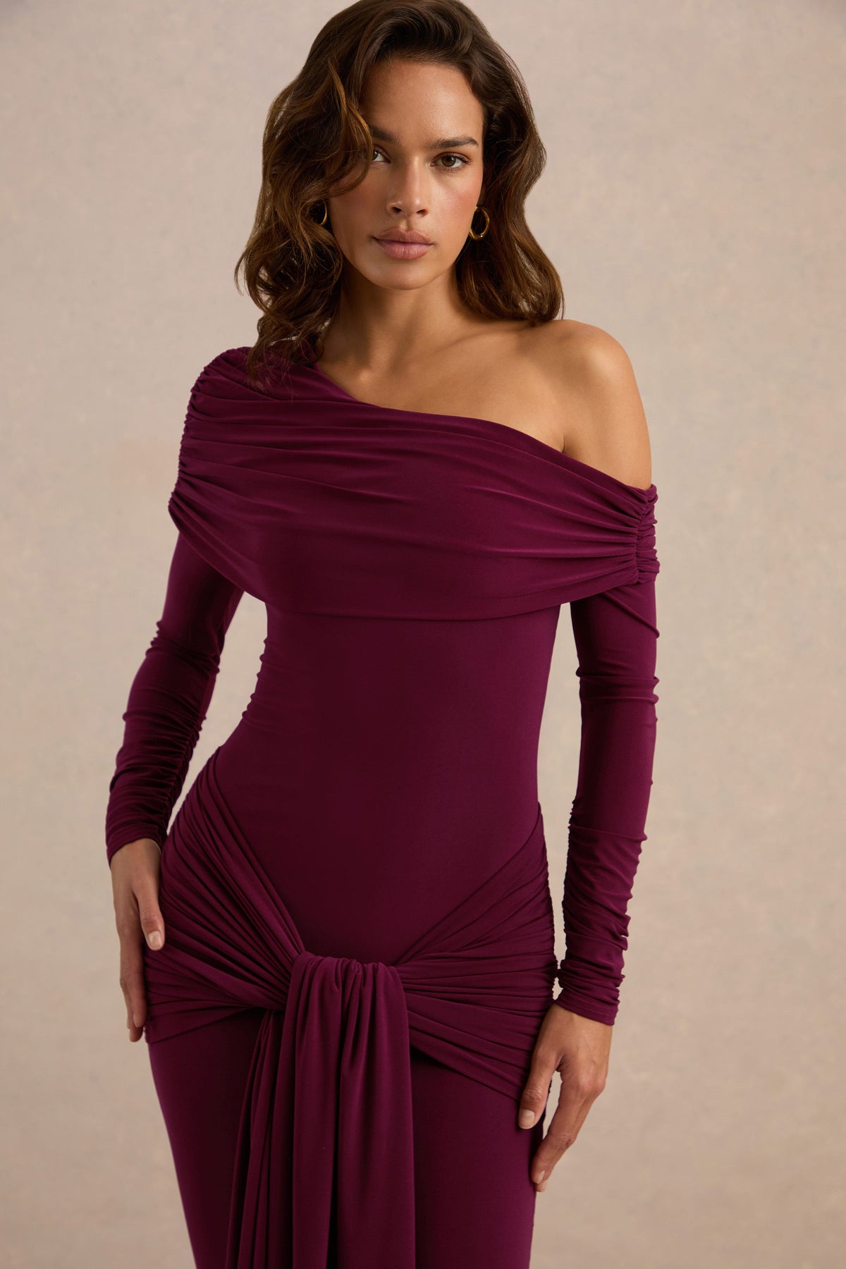 Avonlea | Burgundy Jersey Ruched One Shoulder Long Sleeve Maxi Dress With Sash
