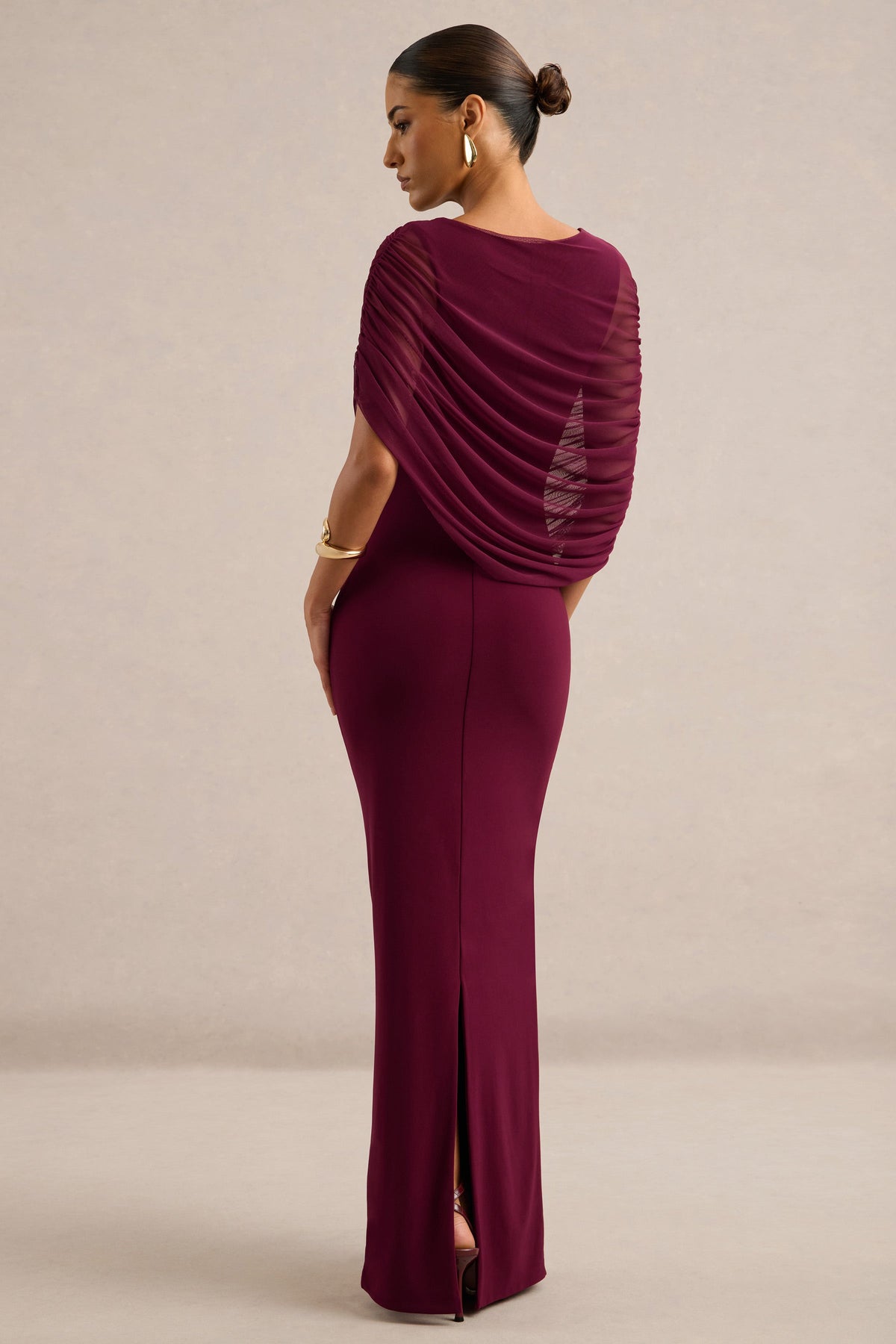 Ciana | Burgundy Jersey Ruched Round Neck Short Sleeve Maxi Dress With Draped Detailing And Back Split