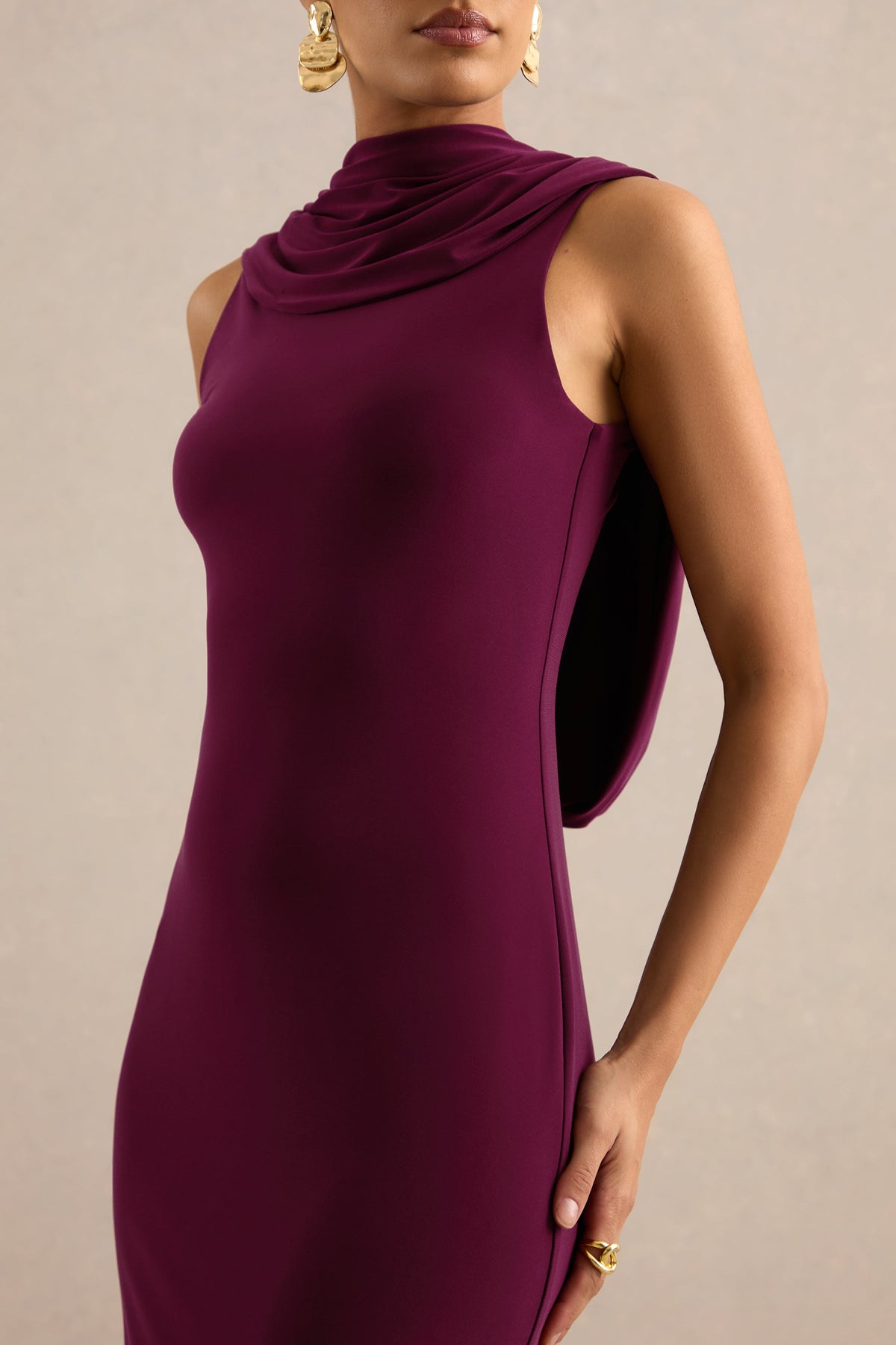 Jolina | Burgundy Jersey High Neck Maxi Dress With Draped Detailing
