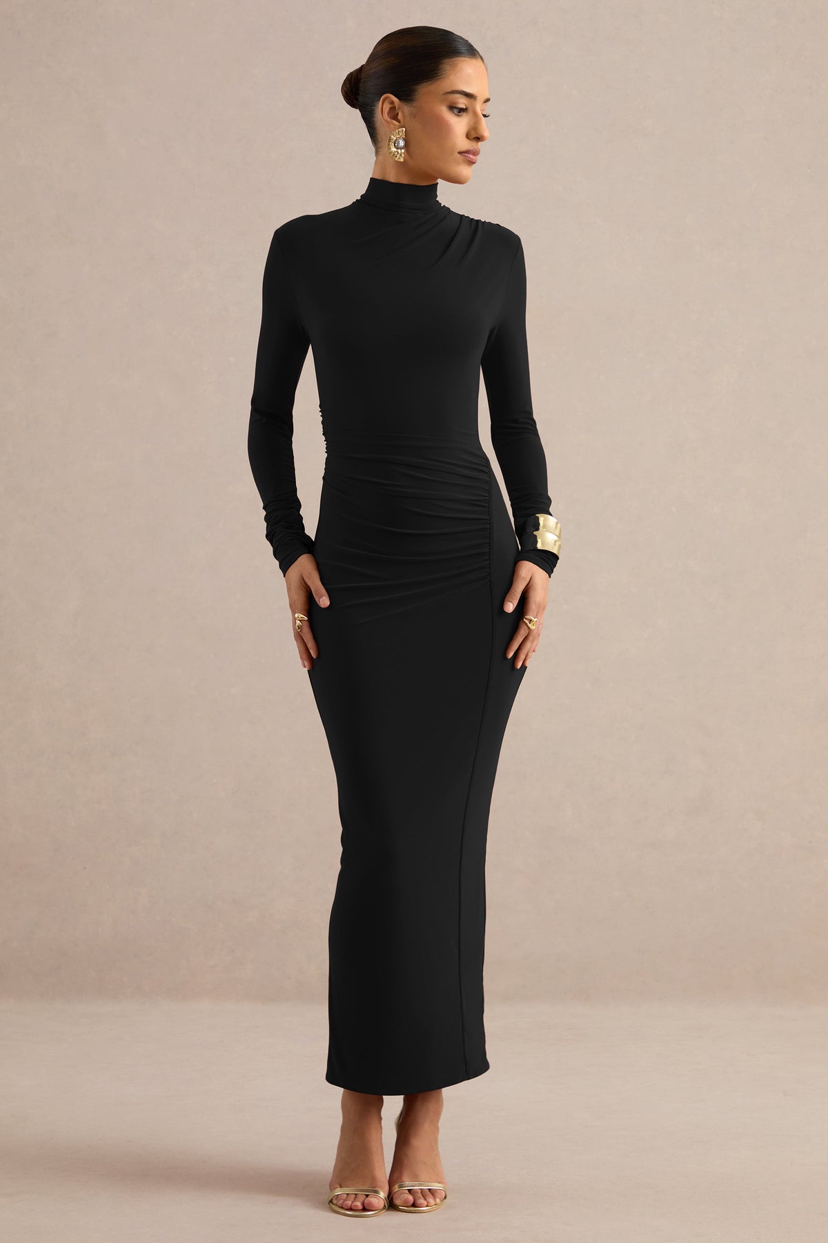 Erienne | Black Jersey High Neck Long Sleeve Maxi Dress With Gathered Detailing And Back Split