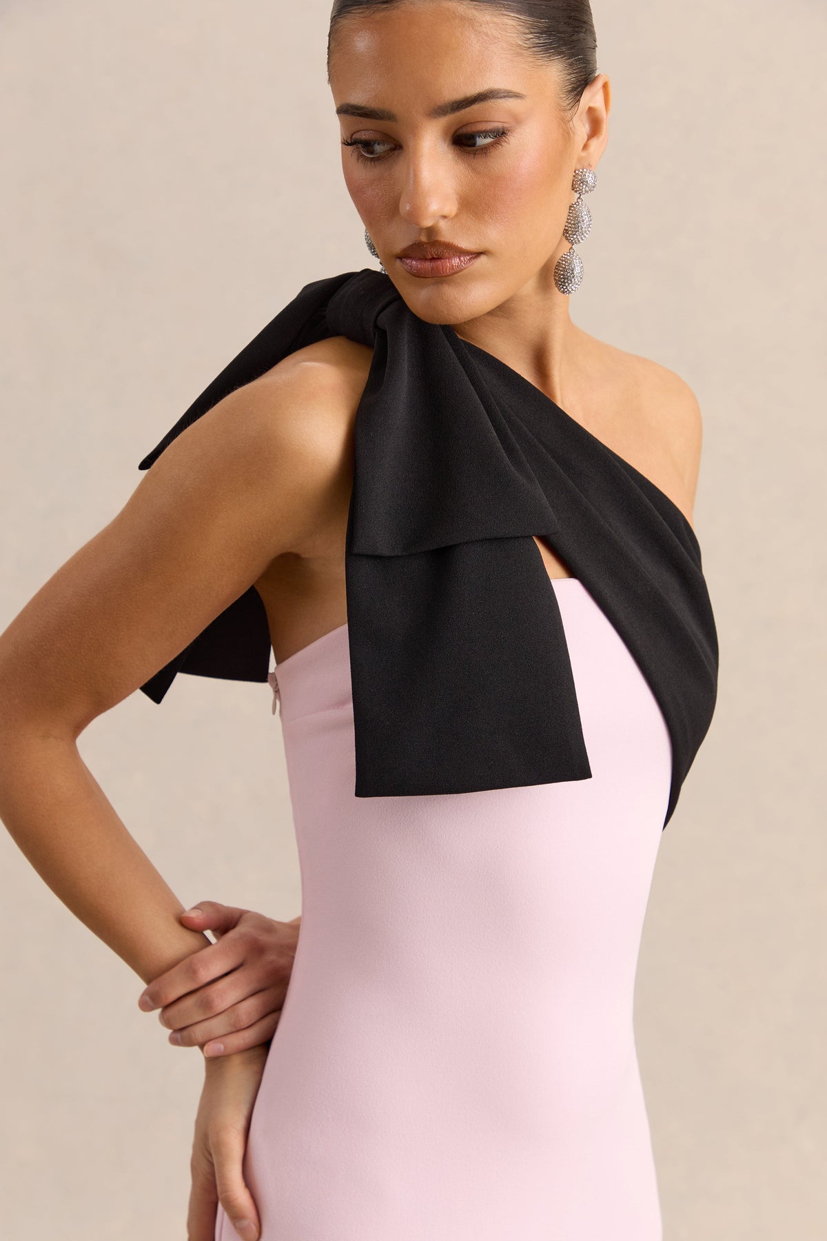 Adara | Pink & Black One Shoulder Maxi Dress With Back Split and Bow Detail