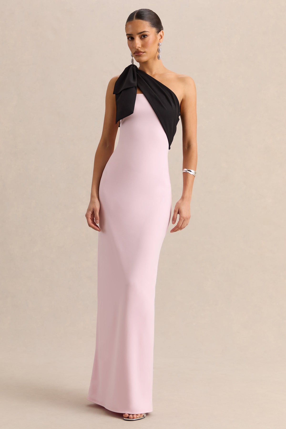 Adara | Pink & Black One Shoulder Maxi Dress With Back Split and Bow Detail
