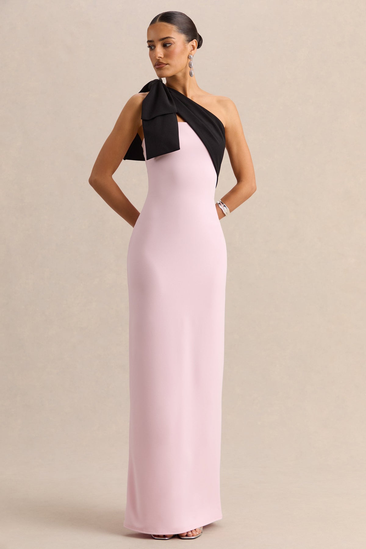 Adara | Pink & Black One Shoulder Maxi Dress With Back Split and Bow Detail