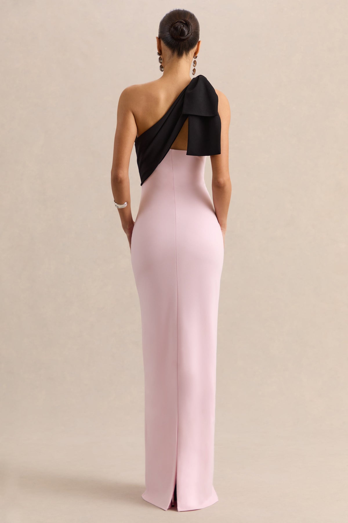 Adara | Pink & Black One Shoulder Maxi Dress With Back Split and Bow Detail