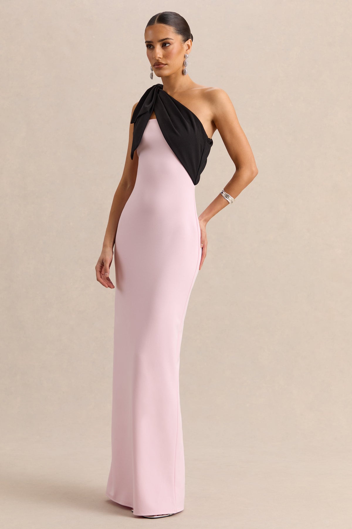 Adara | Pink & Black One Shoulder Maxi Dress With Back Split and Bow Detail