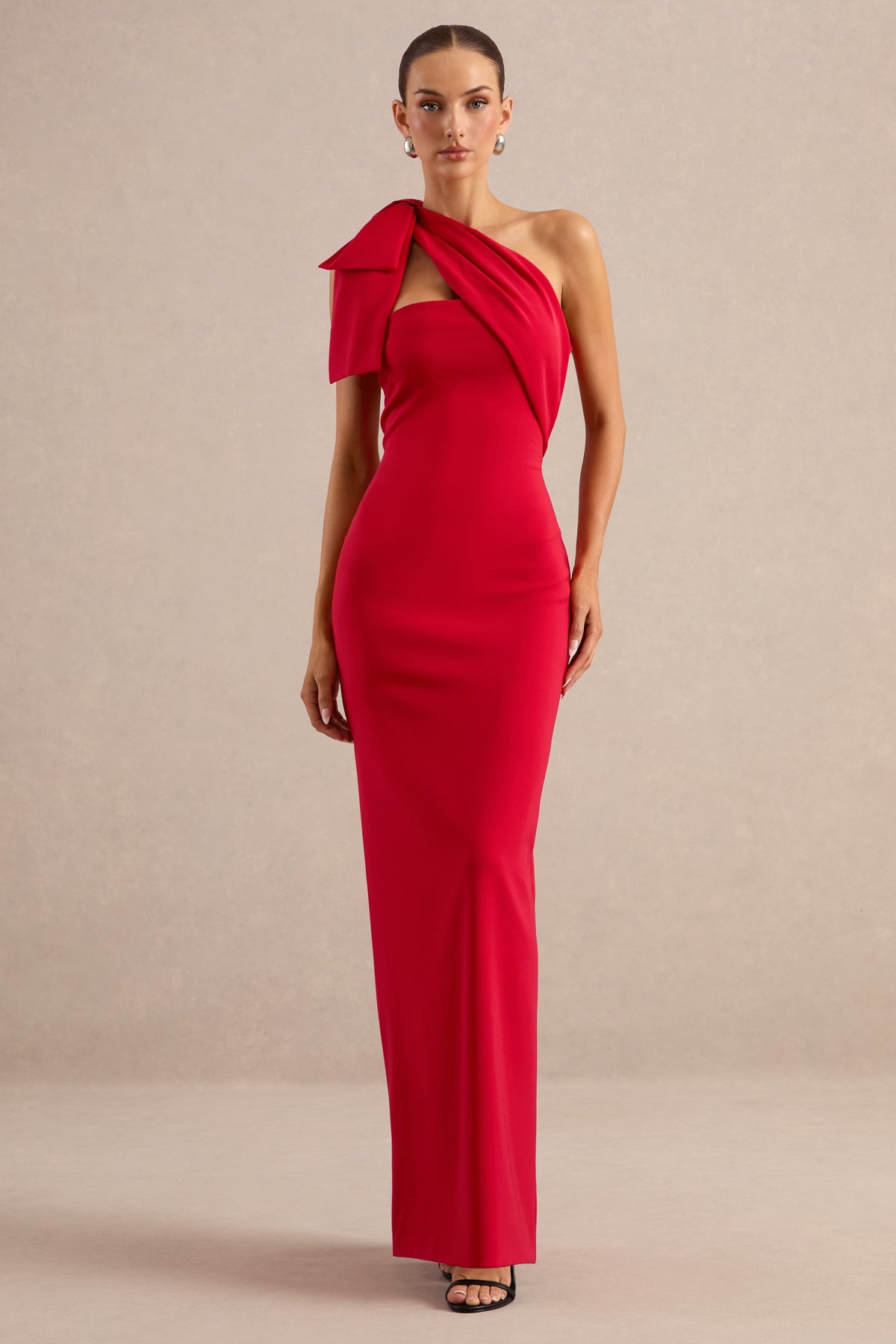 Adara | Red One Shoulder Maxi Dress With Back Split and Bow Detail