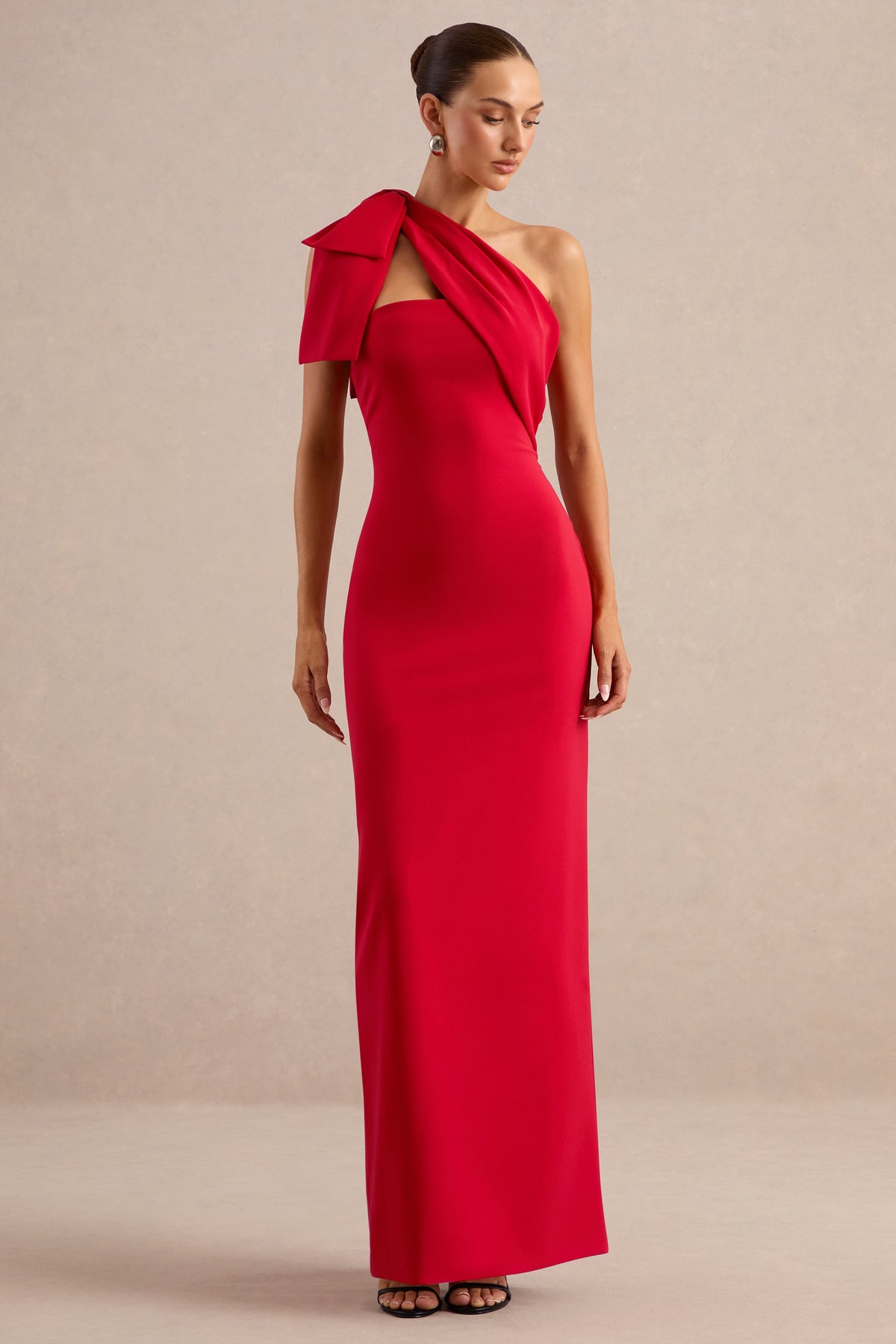 Adara | Red One Shoulder Maxi Dress With Back Split and Bow Detail