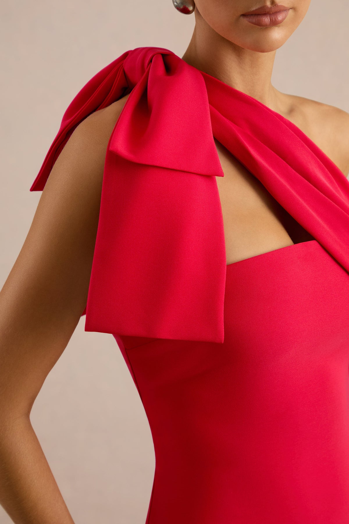 Adara | Red One Shoulder Maxi Dress With Back Split and Bow Detail