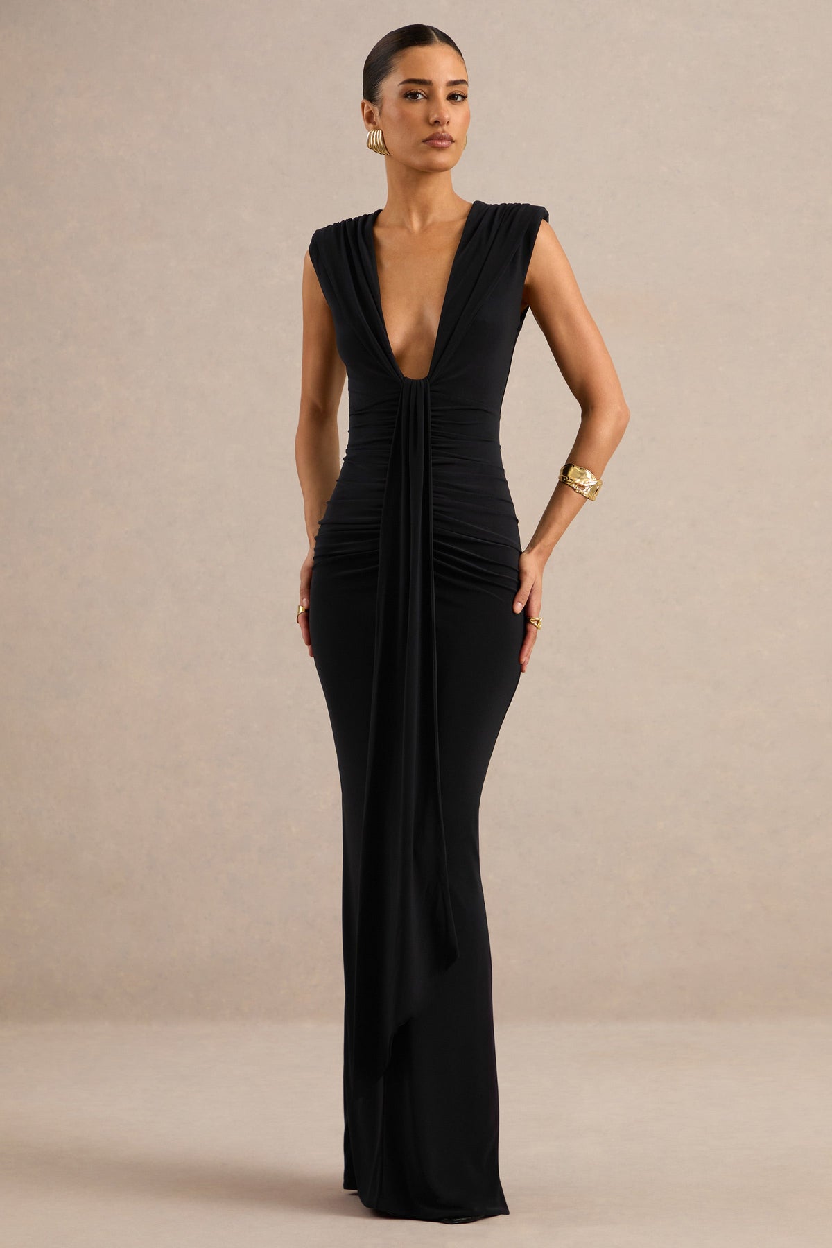 Eleanor | Black Jersey Ruched Plunge Maxi Dress With Draped Detailing And Back Split