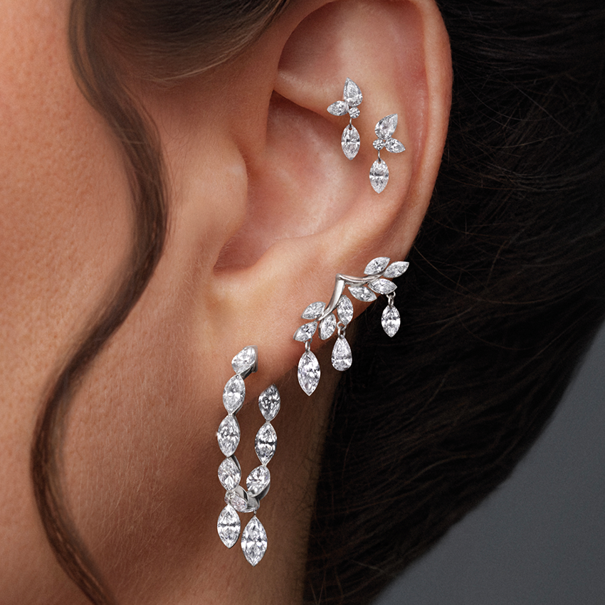 Invisible Set Marquise Diamond Eternity with Dangle Forward Angle Hoop Earring