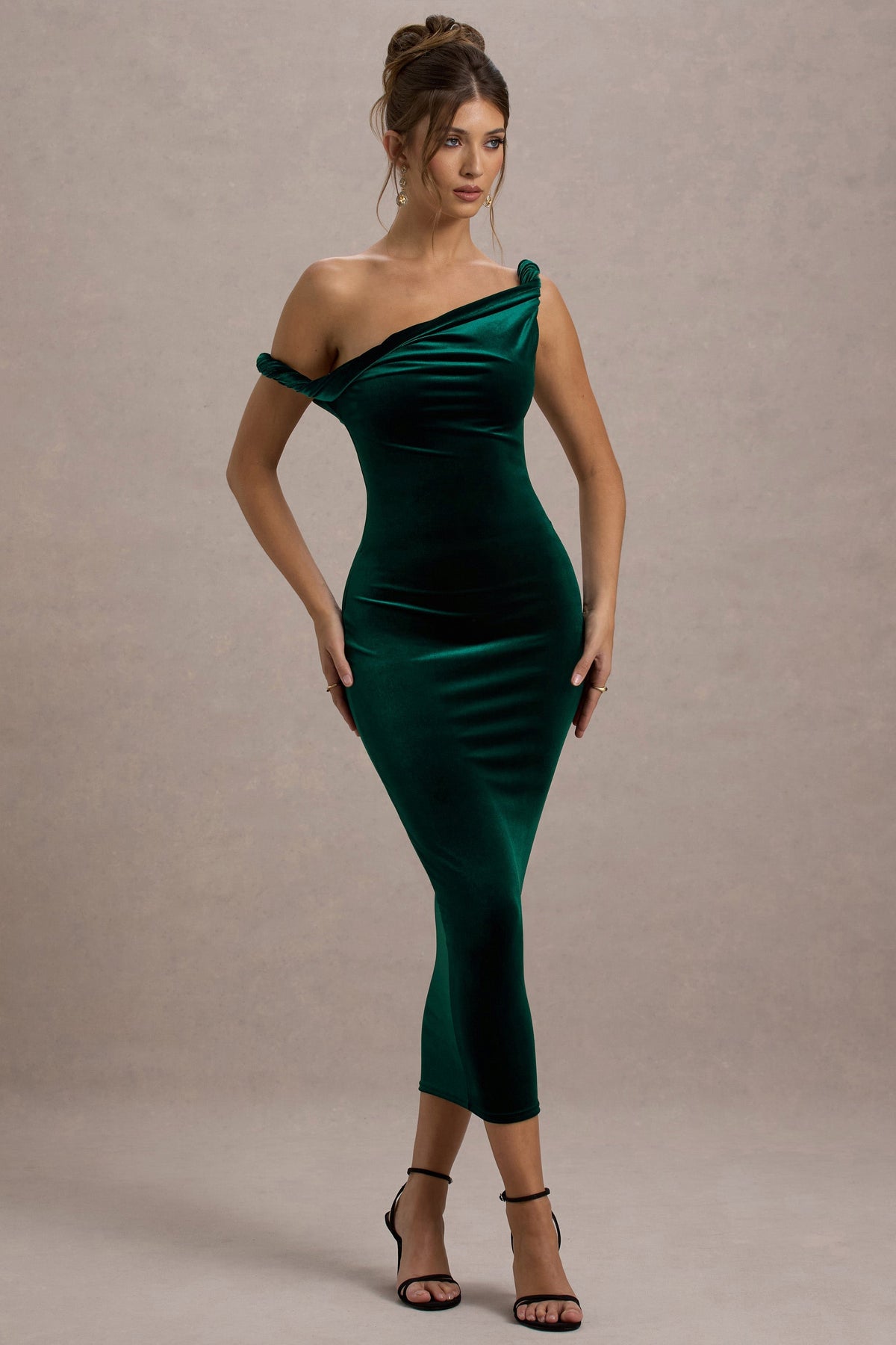 Carella | Bottle Green Velvet One Shoulder Midi Dress With Twist Detailing