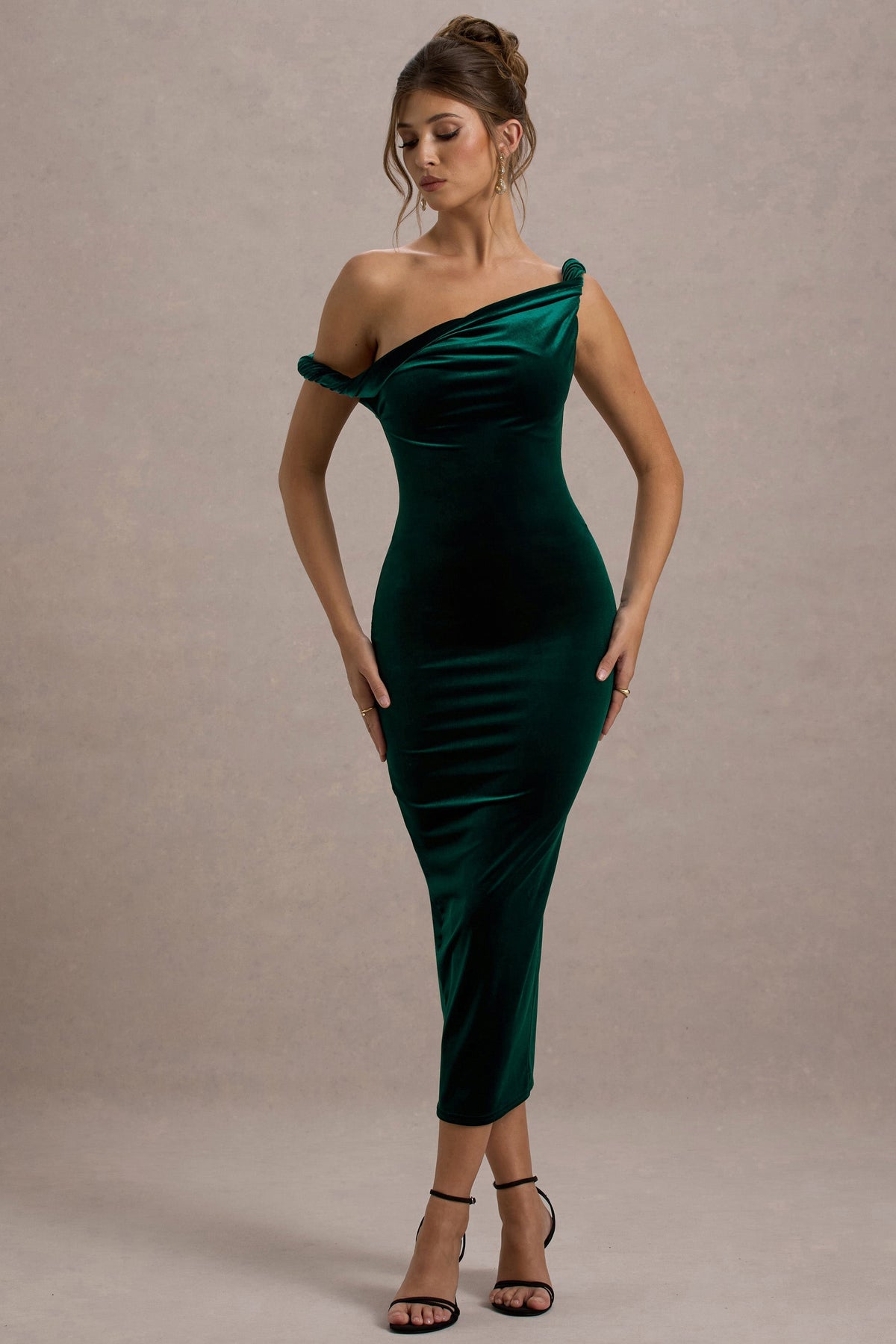Carella | Bottle Green Velvet One Shoulder Midi Dress With Twist Detailing