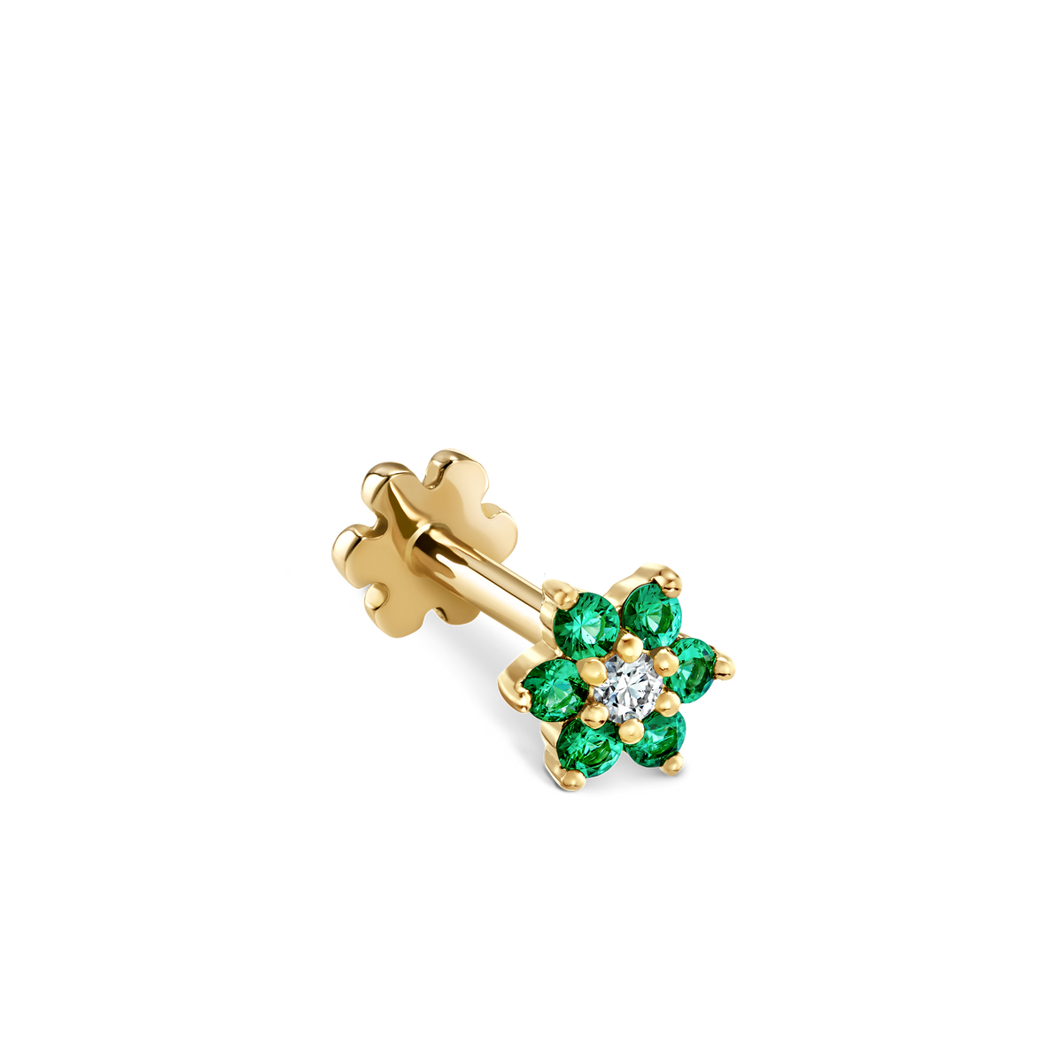 Emerald and Diamond Flower Threaded Stud Earring