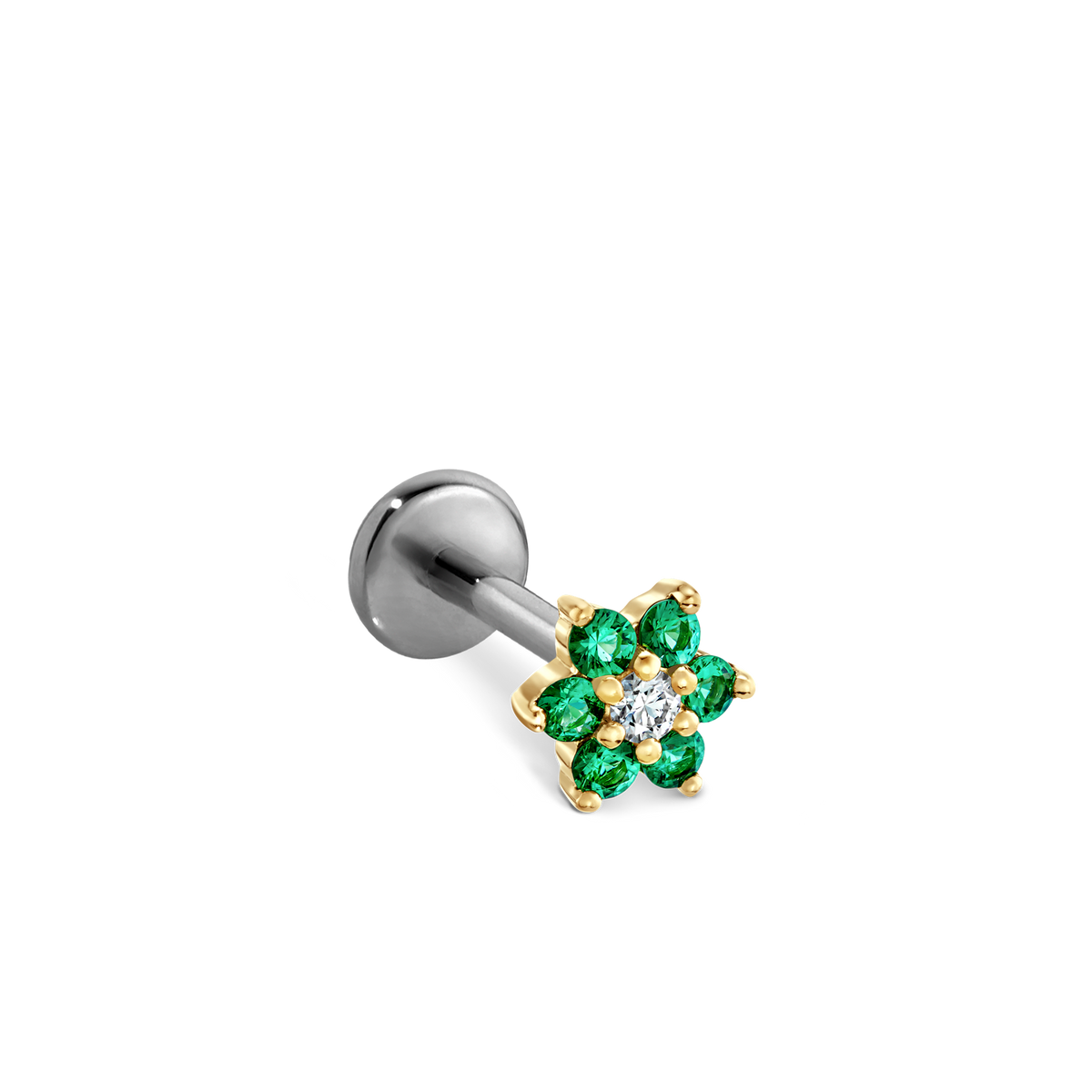 Emerald and Diamond Flower Threaded Stud Earring With Titanium Backing