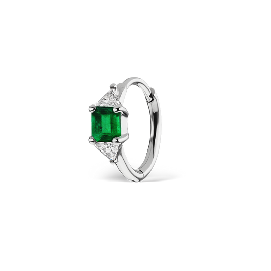 3mm Emerald and Diamond Princess Triangle Hoop (Non-Rotating)