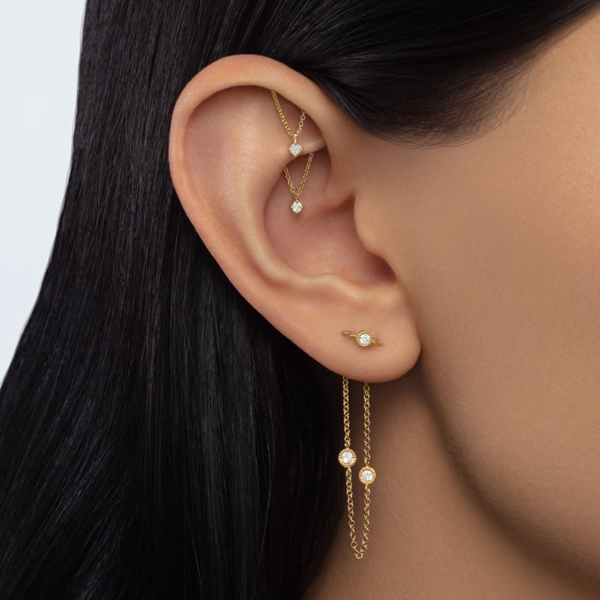 Prong Set Diamond Drape Threaded Stud Earring