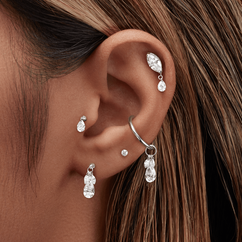 Floating Pear Diamond Charm Threaded Stud Earring