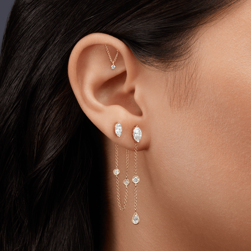 Prong Set Diamond Drape Threaded Stud Earring With Titanium Backing