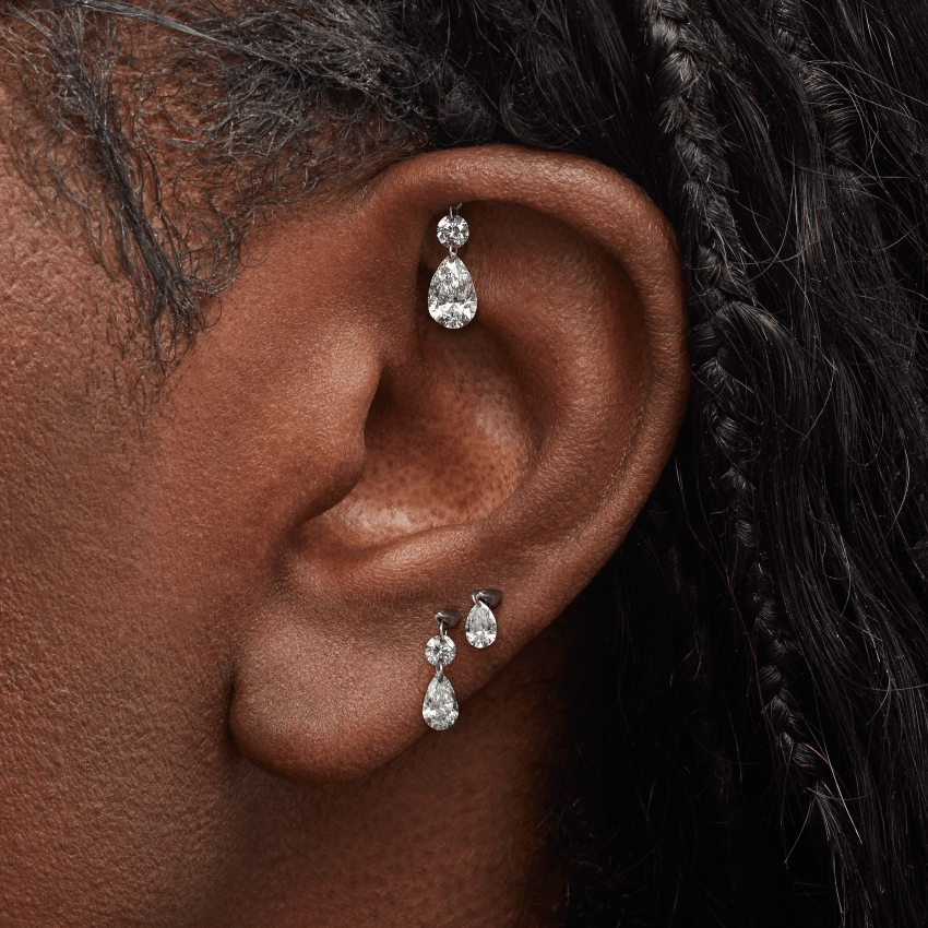 Floating Pear Diamond Charm Stud Earring