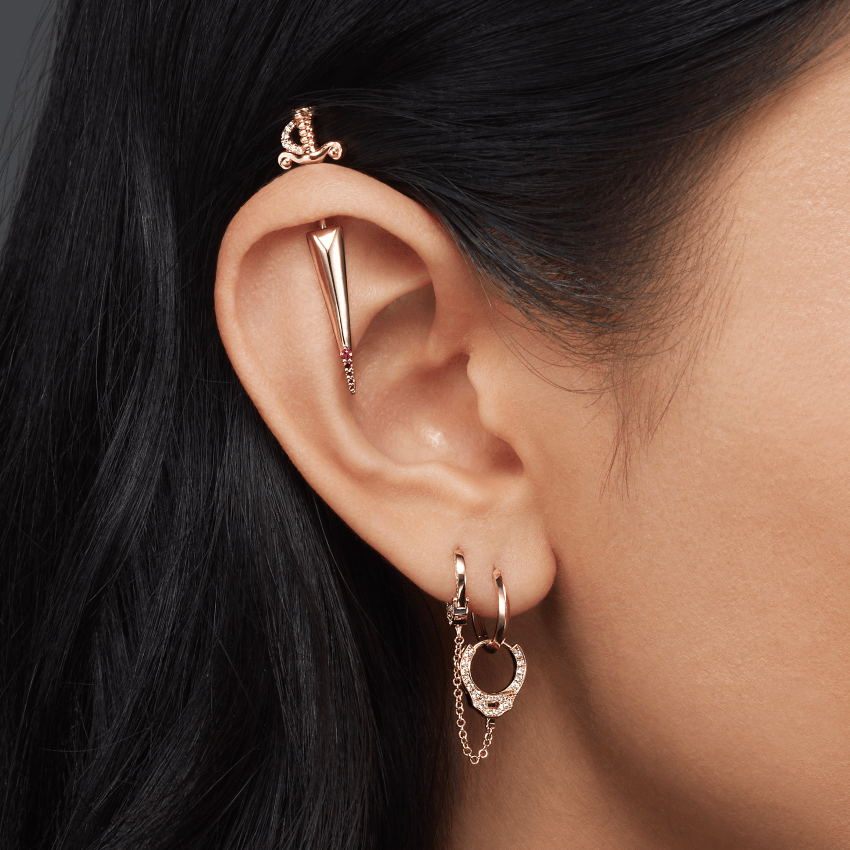 Double-sided Diamond Handcuff with Medium Chain Hoop Earring