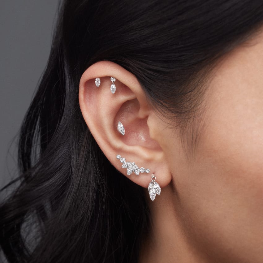 Floating Marquise and Round Diamond Drape Threaded Stud Earring With Titanium Backing