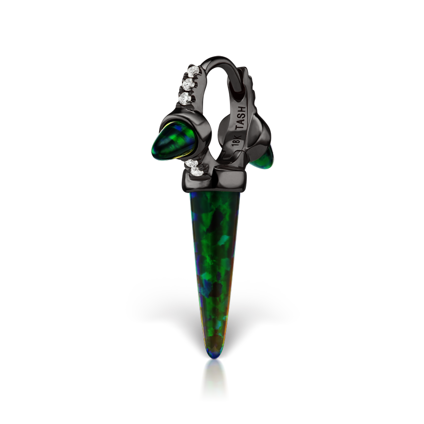 Triple Long Black Opal Spike Diamond Eternity Hoop Earring