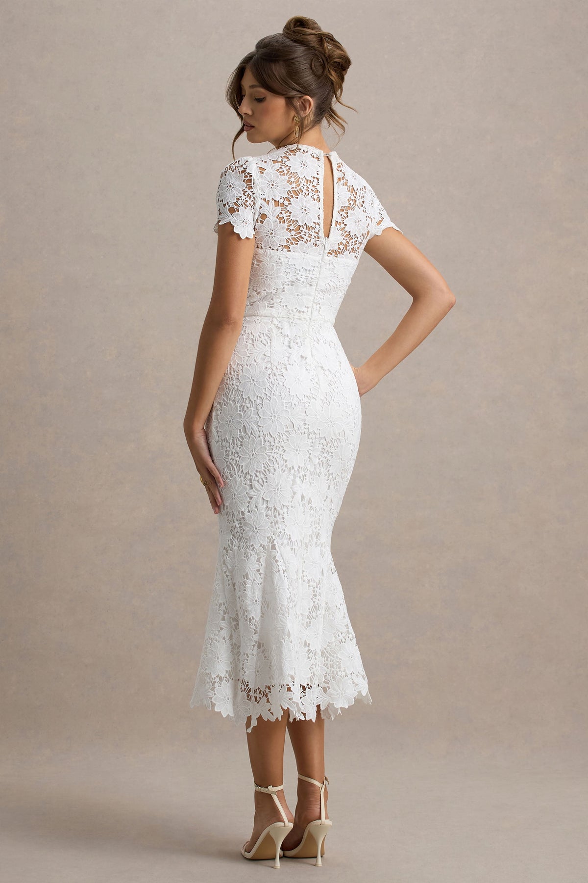 Clarissa | White Lace High Neck Short Sleeve Midi Dress