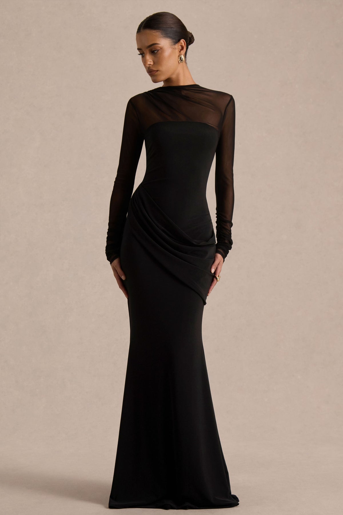 Deema | Black Jersey High Neck Long Sleeve Maxi Dress With Ruching