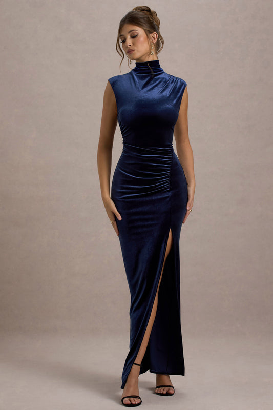 Abilene | Navy Velvet High Neck Maxi Dress With Gathered Detailing And Split