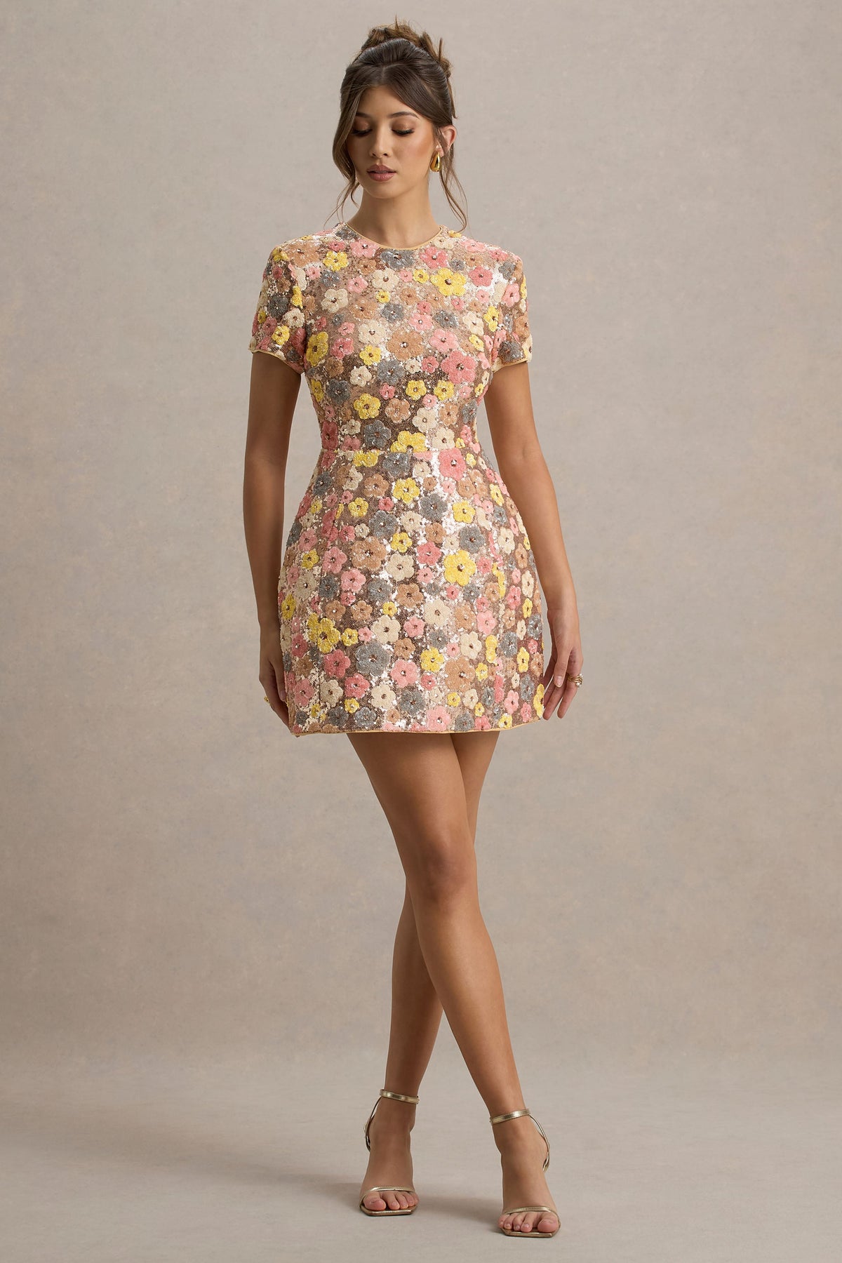 Eira | Pastel Floral Sequin Round Neck Short Sleeve A-Line Mini Dress
