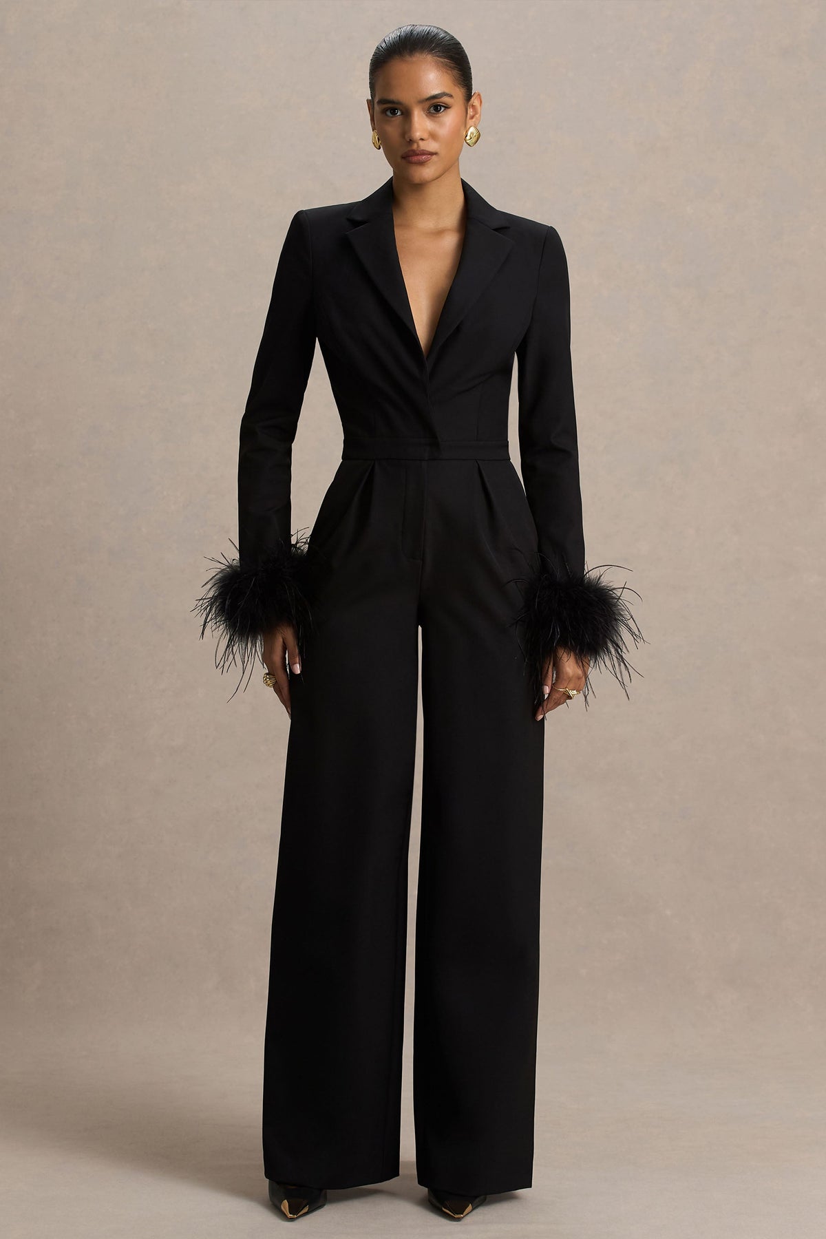 Lissy | Black Plunge-Neck Jumpsuit With Feather-Detailed Sleeves