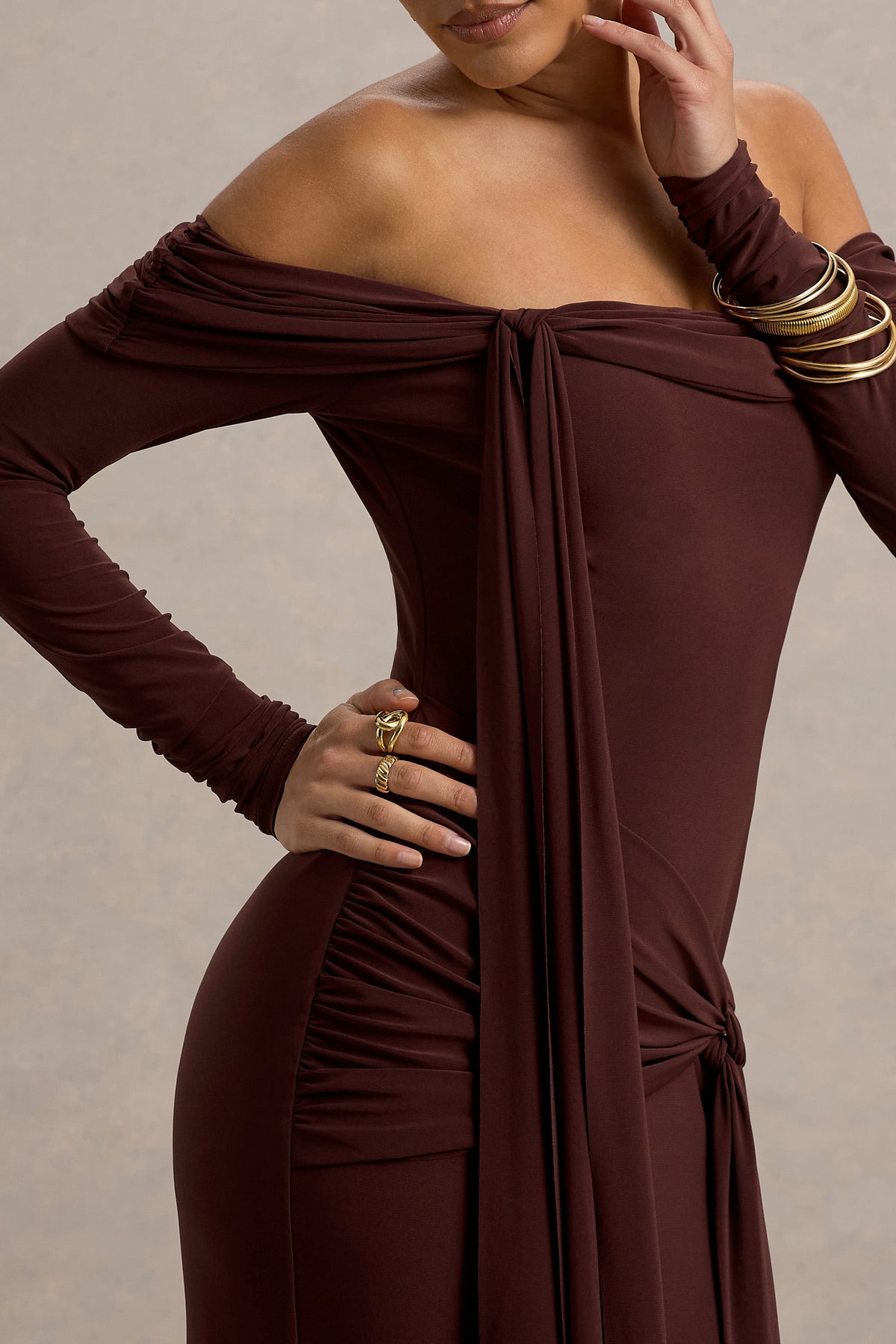 Jovie | Brown Jersey Ruched Bardot Long Sleeve Wrap Maxi Dress With Sashes and Back Split