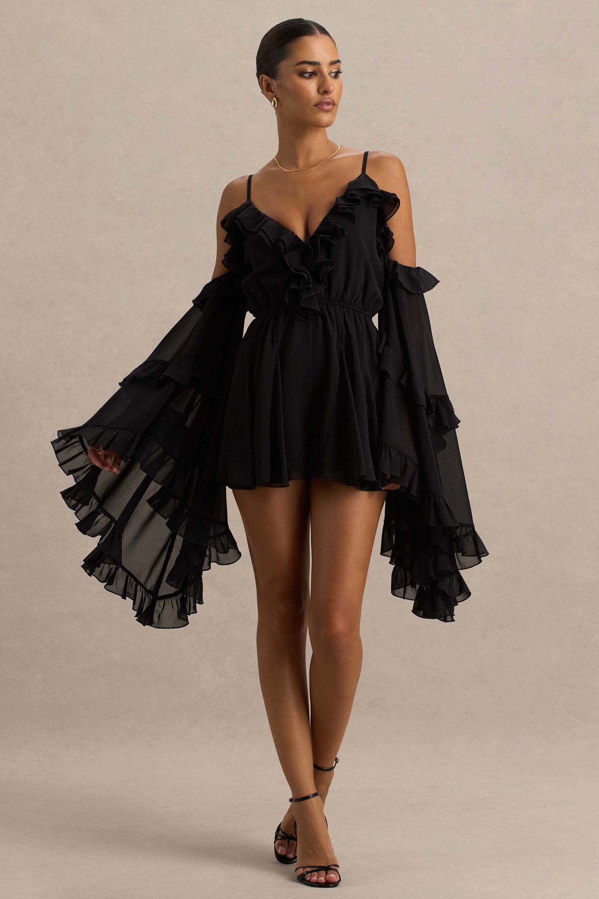 Anaya | Black Chiffon Romper With Long Sleeves