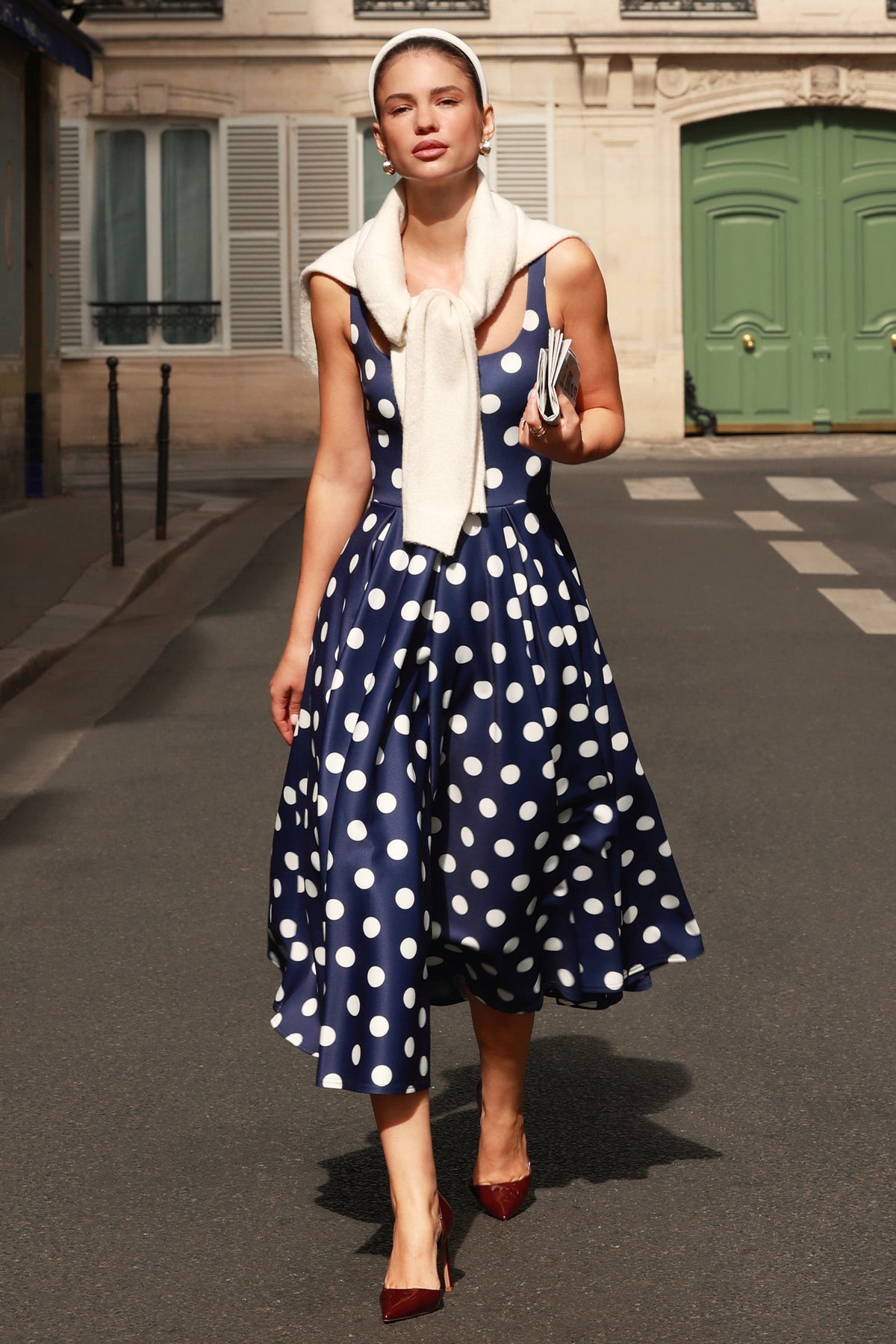 Berta | Navy And White Polka Dot Print Scuba Square Neck A-Line Midi Dress